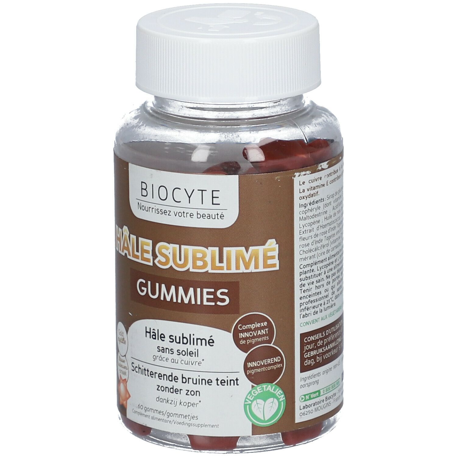 Flacon transparent avec bouchon blanc. Étiquette marron avec nom et marque du produit. Gummies rouges visibles.