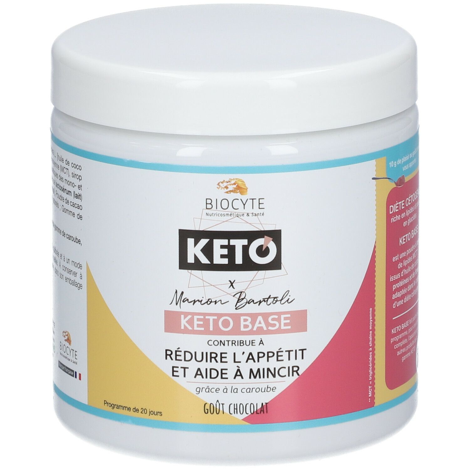 Pot blanc avec couvercle. Étiquette avec BIOCYTE, KETO, Marion Bartoli, Keto Base. Texte : Réduit l'appétit, aide à mincir. Goût chocolat.