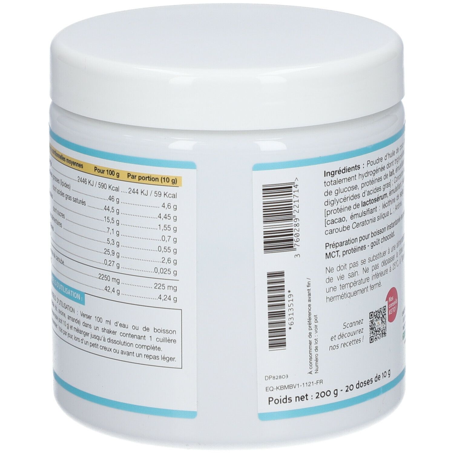 Pot blanc avec couvercle. Dos avec informations nutritionnelles et ingrédients. Code-barres et QR code. Poids net : 200 g, 20 doses de 10 g.
