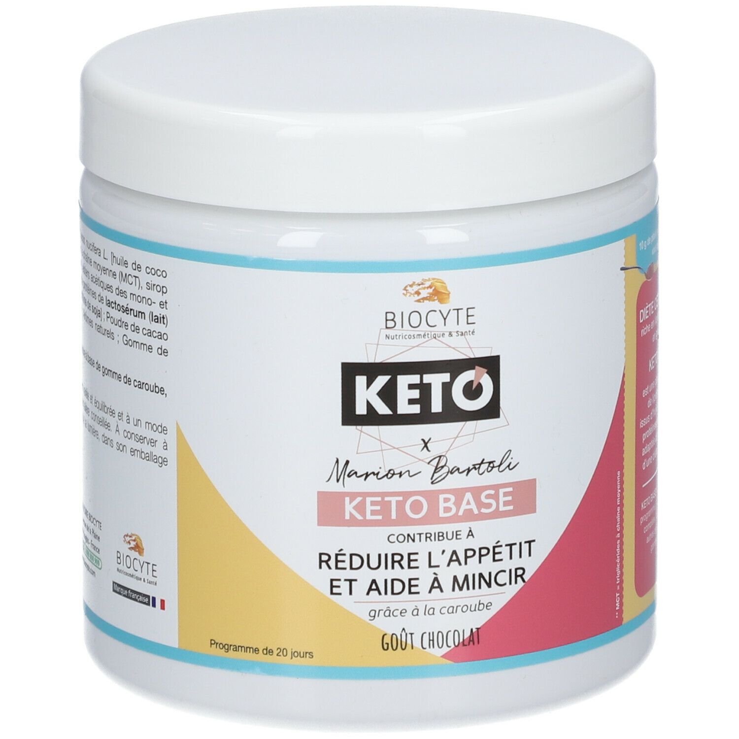 Pot blanc avec couvercle. Étiquette avec BIOCYTE, KETO, Marion Bartoli, Keto Base. Texte : Réduit l'appétit, aide à mincir. Goût chocolat.