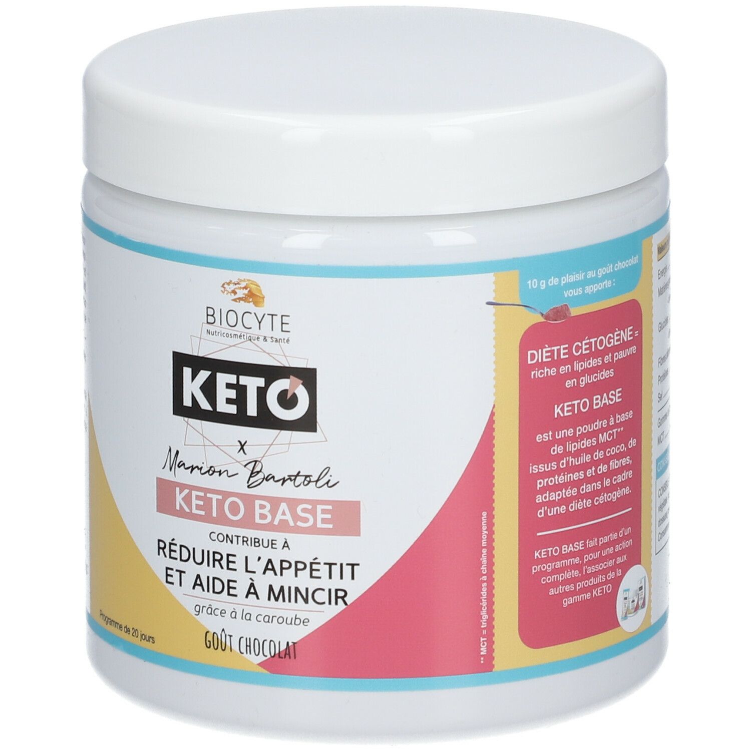 Pot blanc avec couvercle. Étiquette avec BIOCYTE, KETO, Marion Bartoli, Keto Base. Texte : Réduit l'appétit, aide à mincir. Goût chocolat.