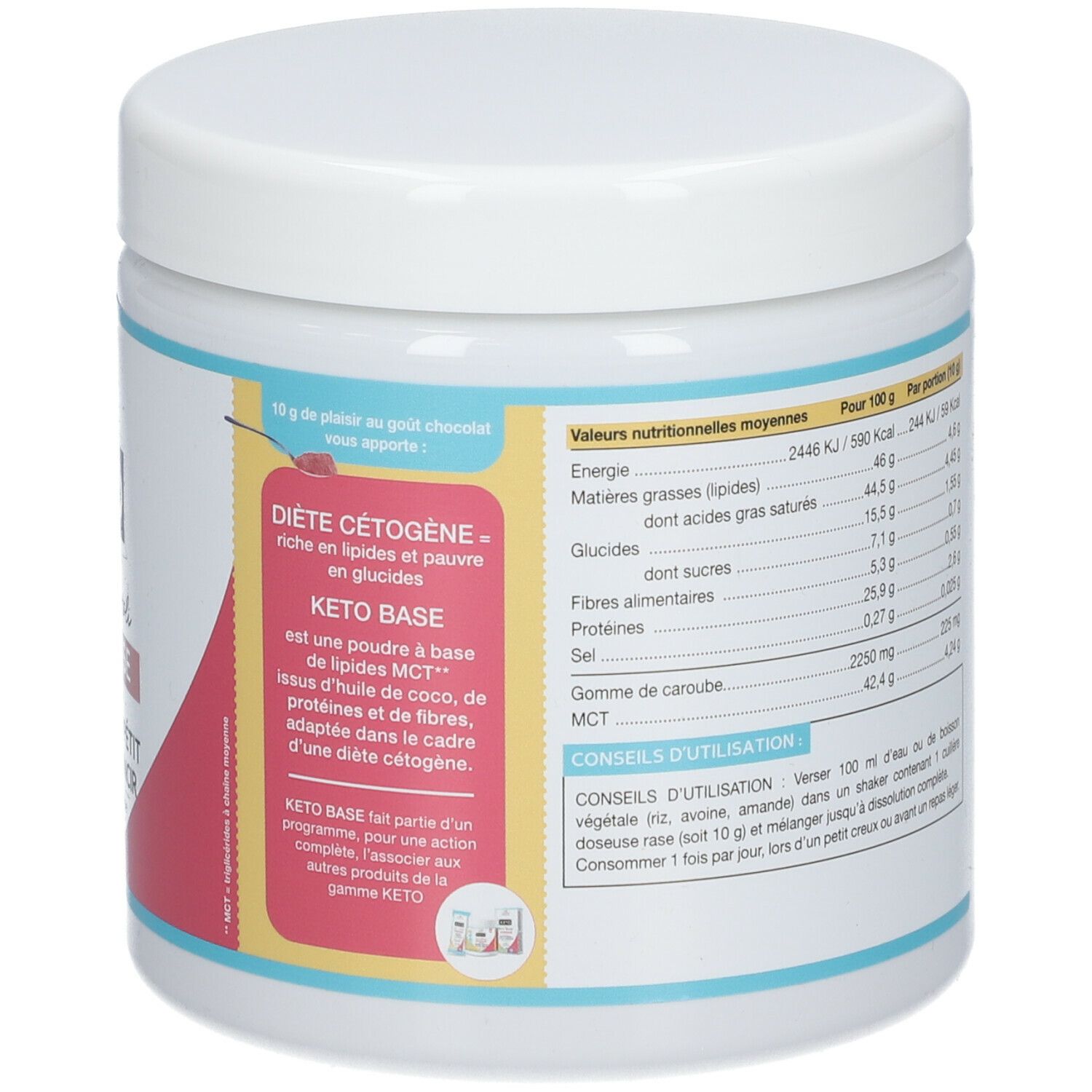 Pot blanc avec couvercle. Étiquette avec informations nutritionnelles et conseils d'utilisation. Texte : Régime riche en lipides et pauvre en glucides.