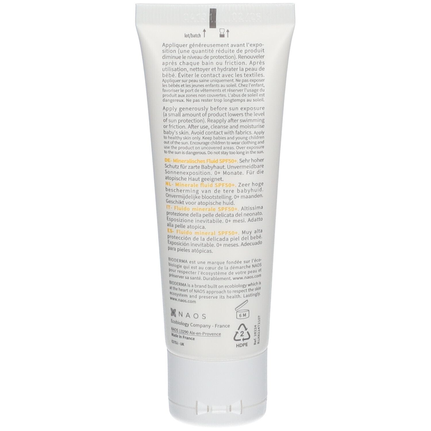 Rückseite der BIODERMA Photoderm PEDIATRICS Mineral SPF50+ Tube. Enthält Textinformationen und Recycling-Symbole.