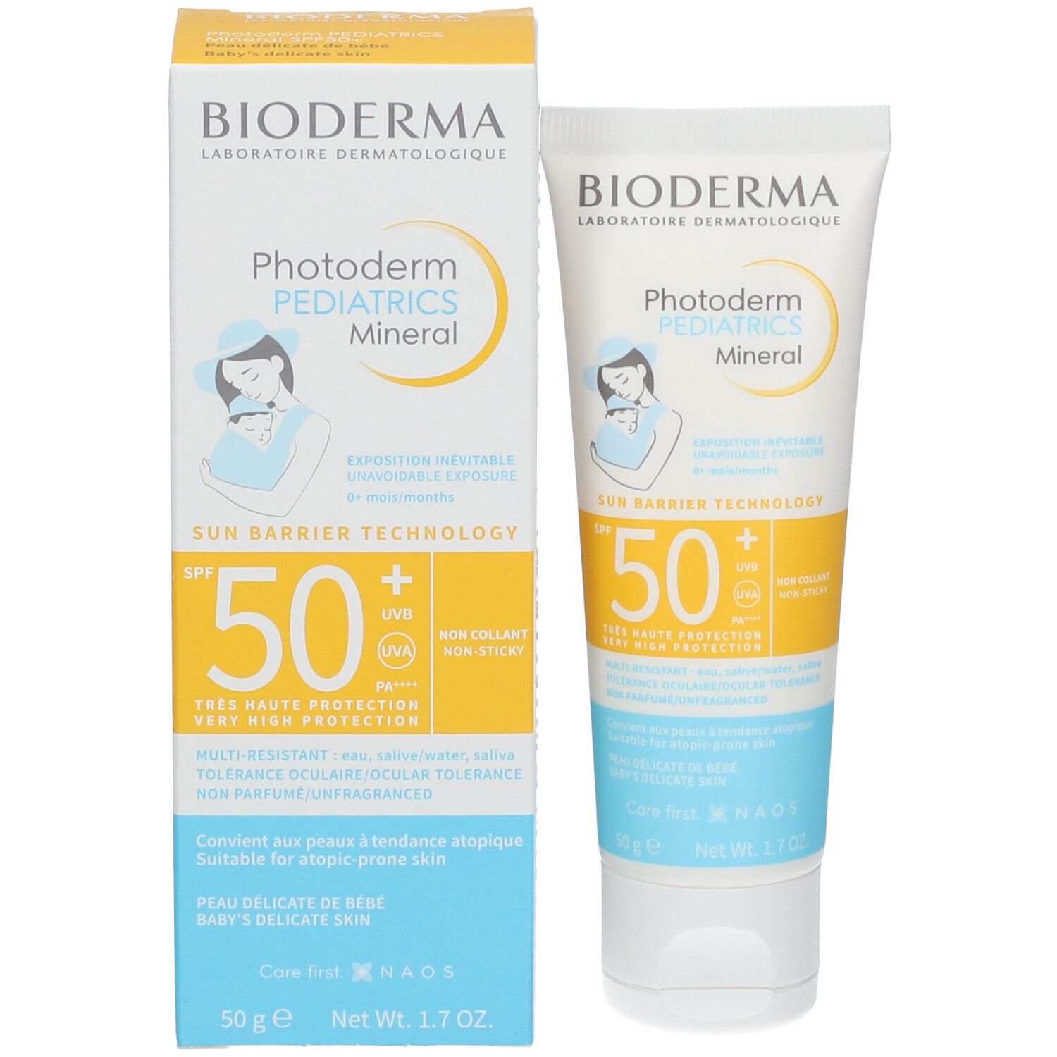 BIODERMA Photoderm PEDIATRICS Mineral SPF50+ Produktverpackung. Enthält Tube und Karton. Sonnenschutzmittel für Kinder.