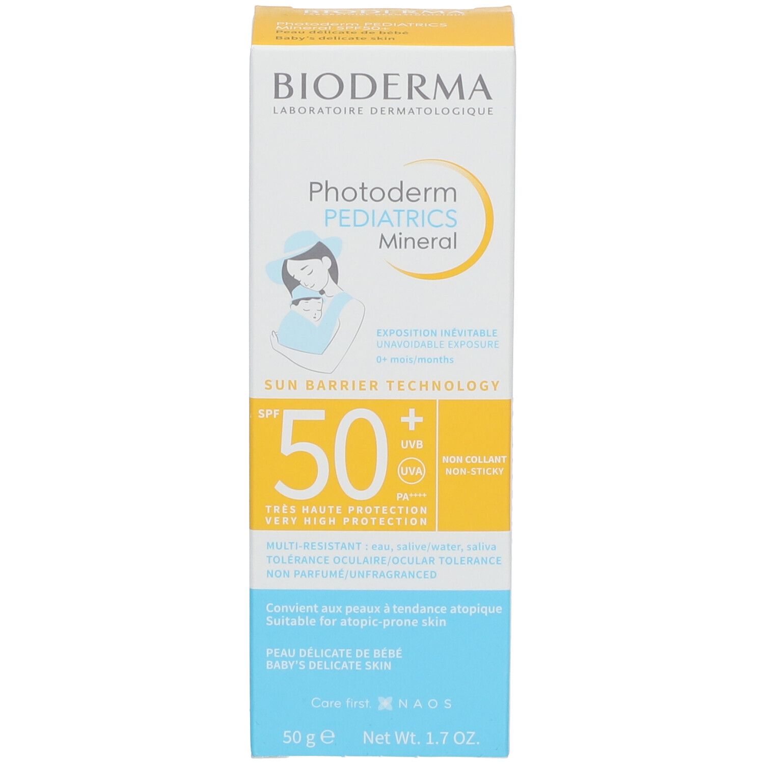 BIODERMA Photoderm PEDIATRICS Mineral SPF50+ Karton. Gelb-weißes Design mit Produktinformationen und SPF50+.