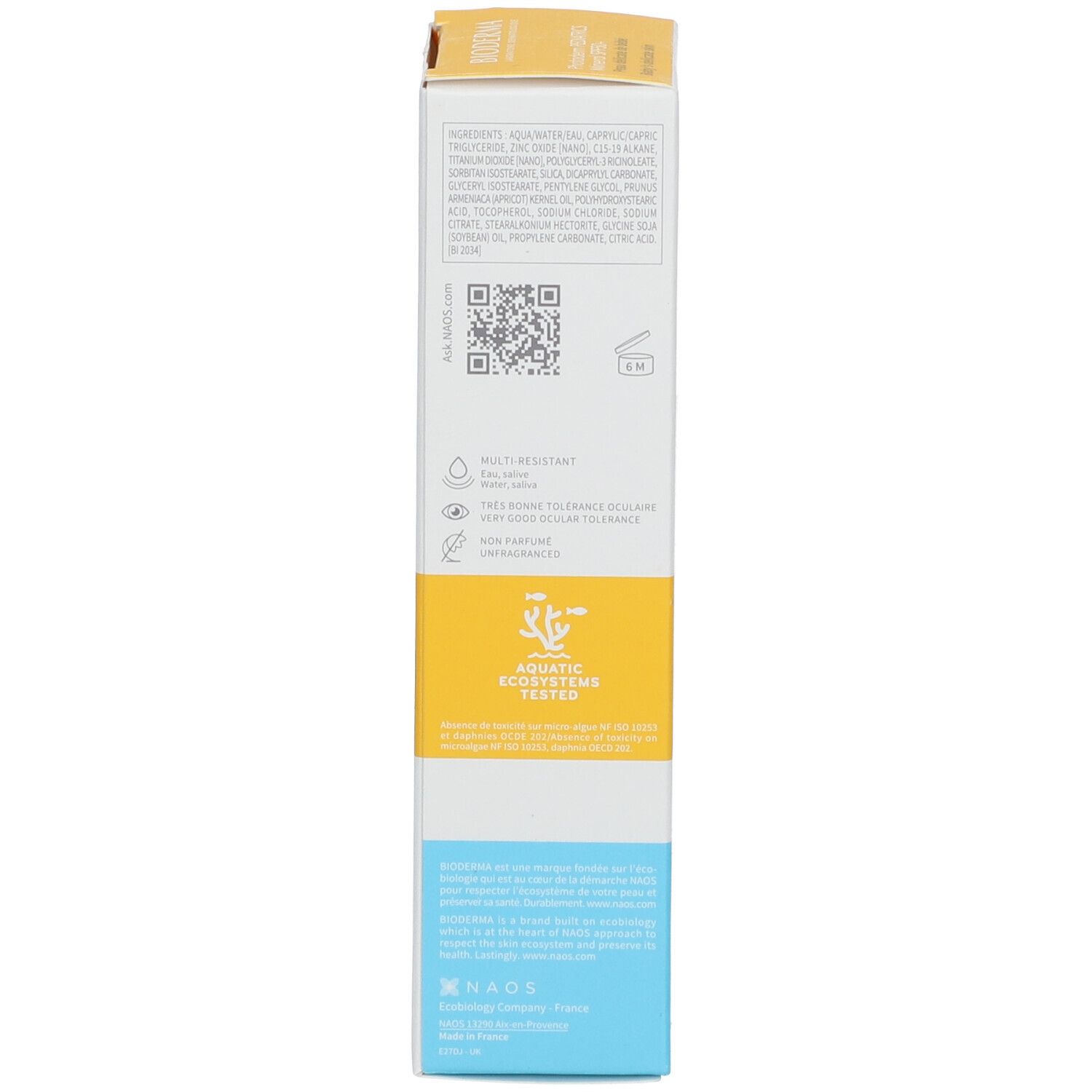 Seite der BIODERMA Photoderm PEDIATRICS Mineral SPF50+ Verpackung. Enthält Text und QR-Code. Aquatische Ökosysteme getestet.