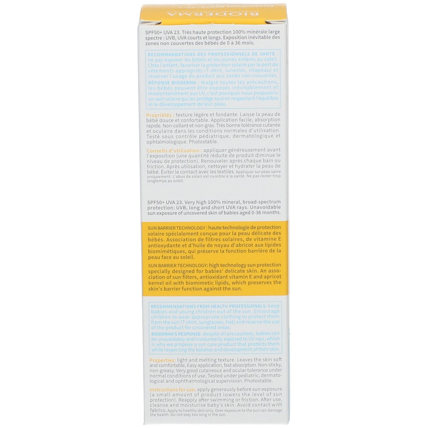 Rückseite der BIODERMA Photoderm PEDIATRICS Mineral SPF50+ Verpackung. Enthält Text über Inhaltsstoffe und Anwendung.