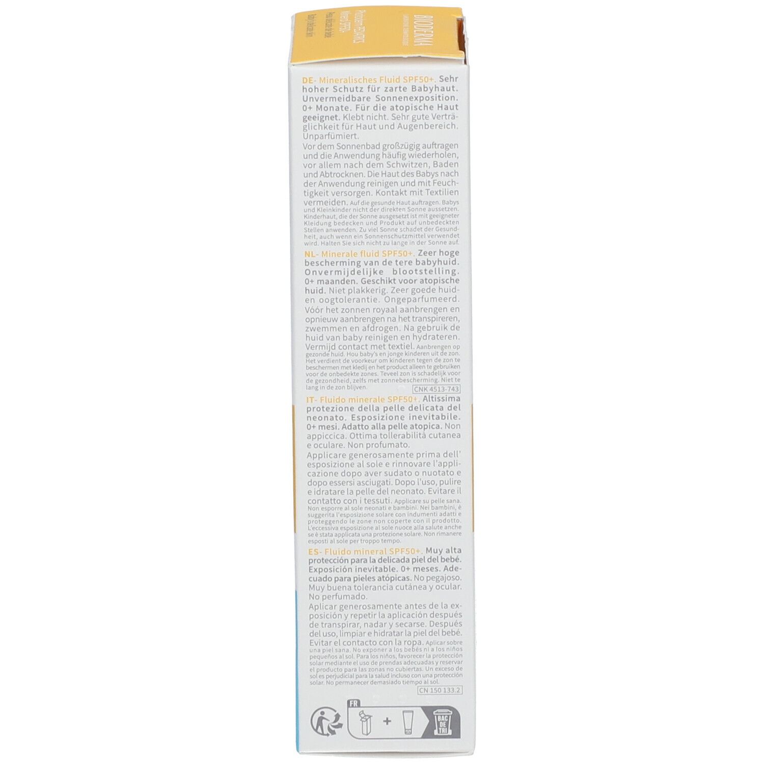 Seite der BIODERMA Photoderm PEDIATRICS Mineral SPF50+ Verpackung. Enthält Text in mehreren Sprachen.
