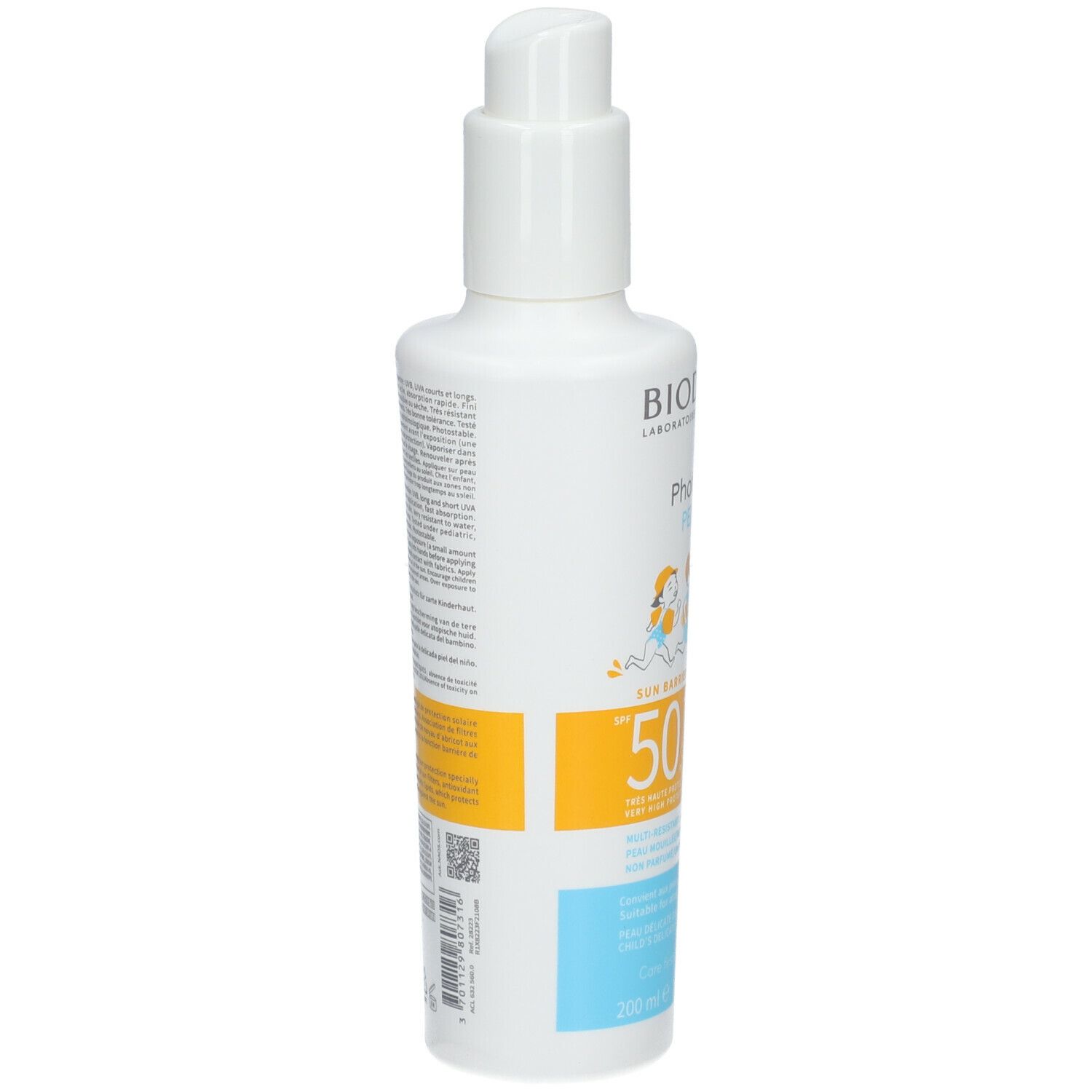 Flacon blanc avec texte. BIODERMA, Photoderm PEDIATRICS Spray SPF50+. Étiquettes jaune et bleu. Texte et code-barres.