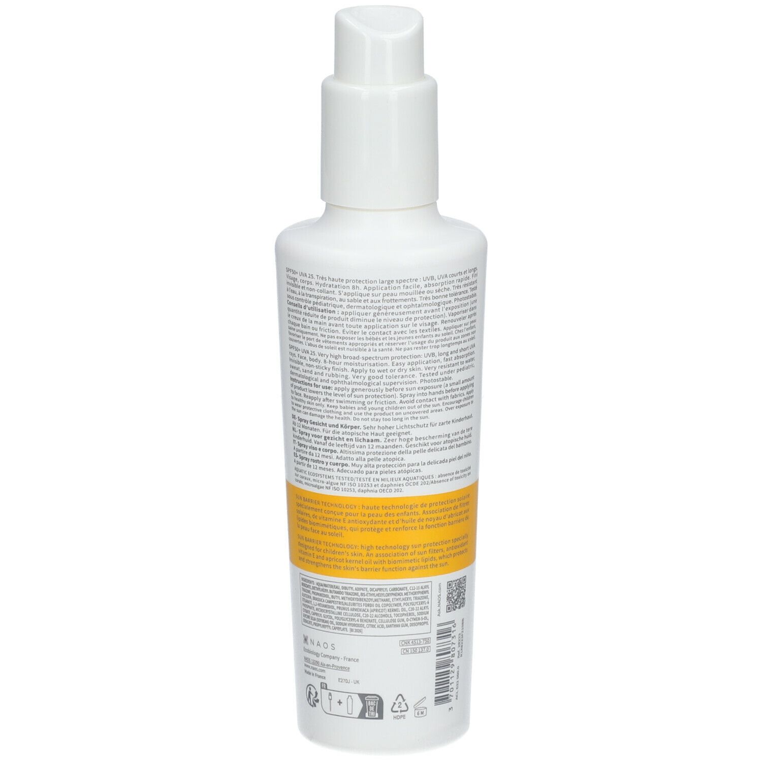 Flacon blanc avec texte. BIODERMA, Photoderm PEDIATRICS Spray SPF50+. Étiquettes jaune et bleu. Texte et code-barres.