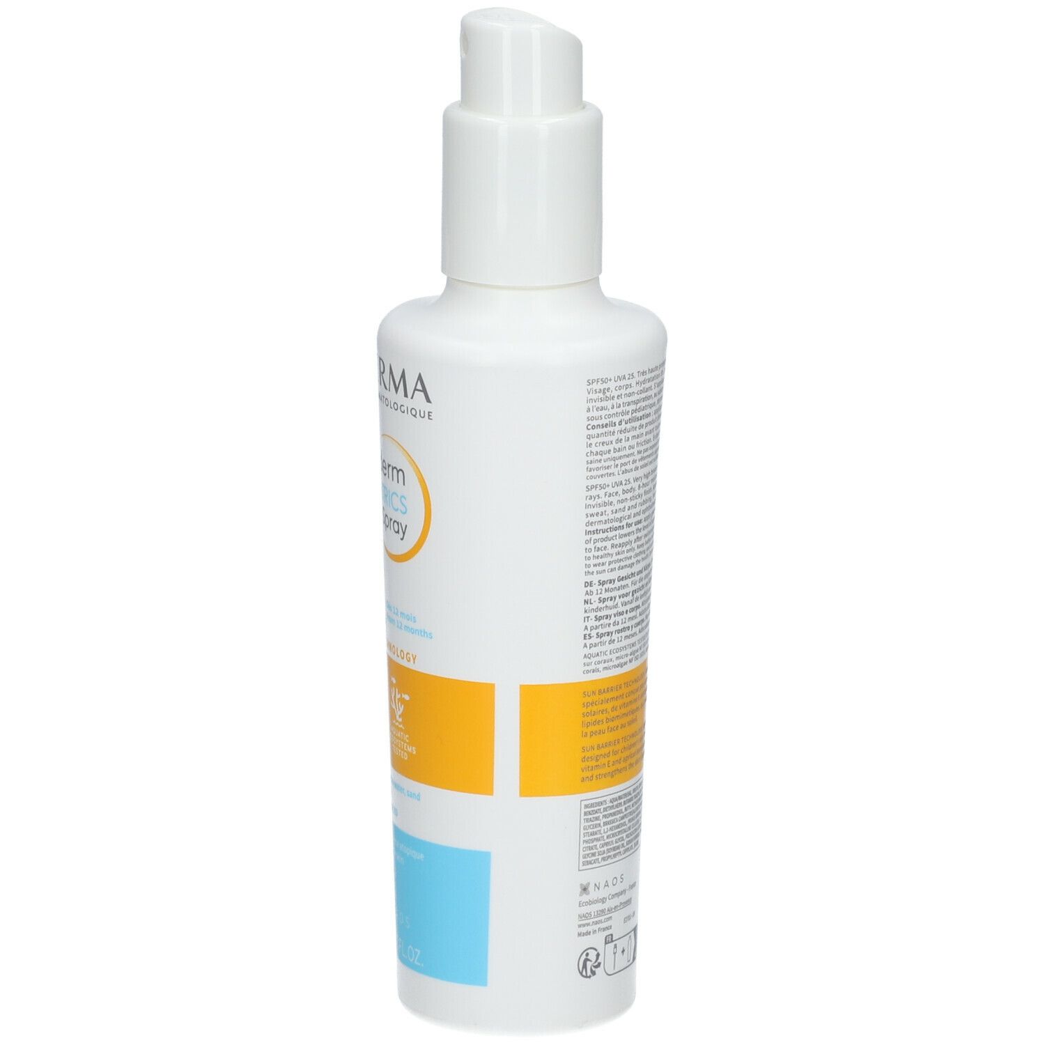 Flacon blanc avec texte. BIODERMA, Photoderm PEDIATRICS Spray SPF50+. Étiquettes jaune et bleu. Texte et code-barres.