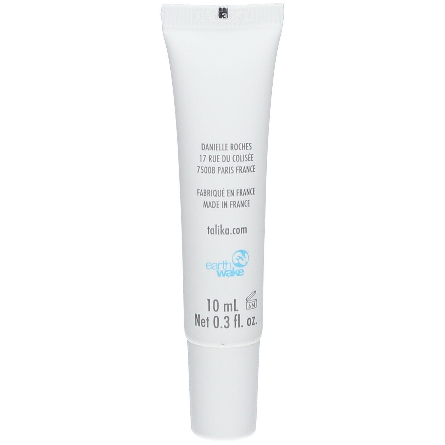 Dos du tube blanc. Informations fabricant, adresse, origine et volume. Logo 'earth wake'. Contenance 10 ml.