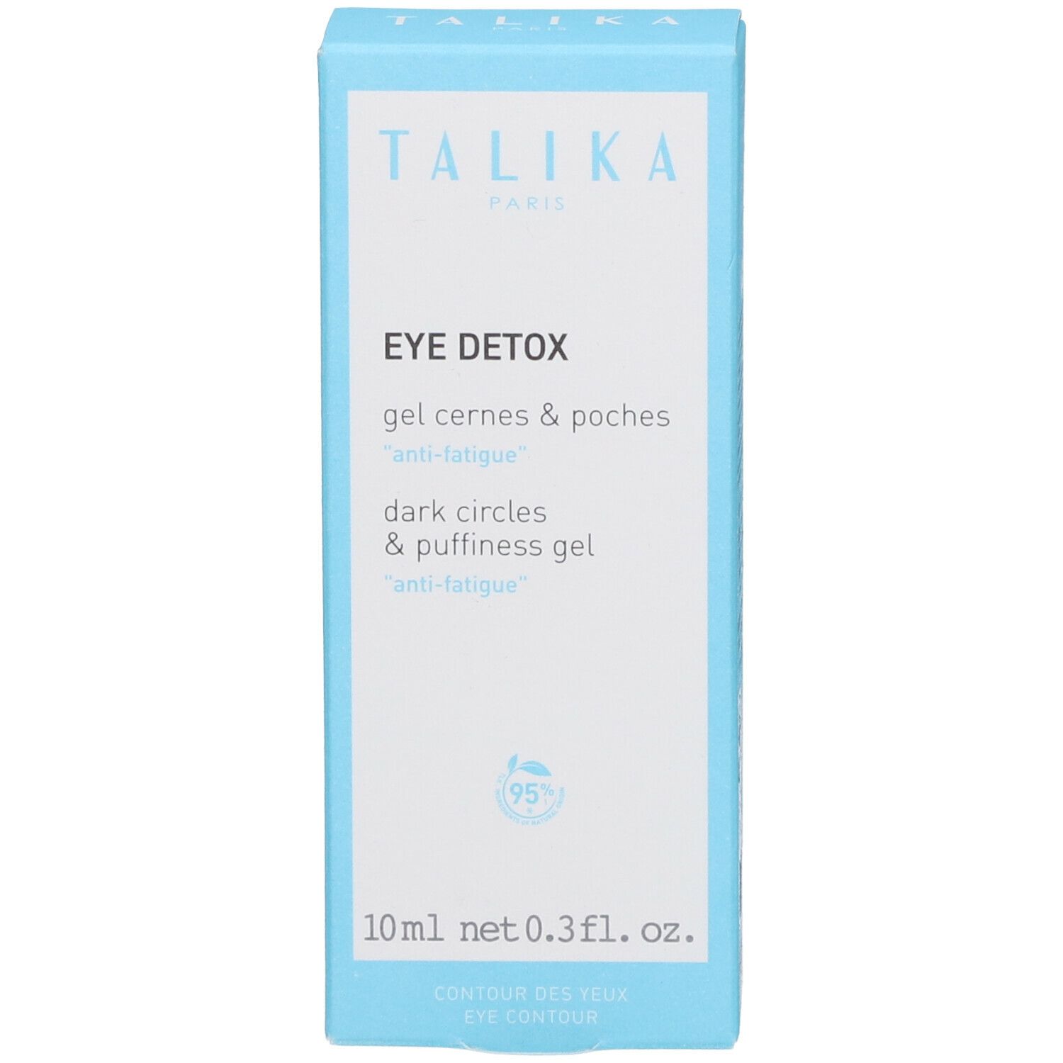 Emballage bleu clair. Contient nom, logo et informations produit. Volume: 10 ml. Inscription 'contour des yeux'.