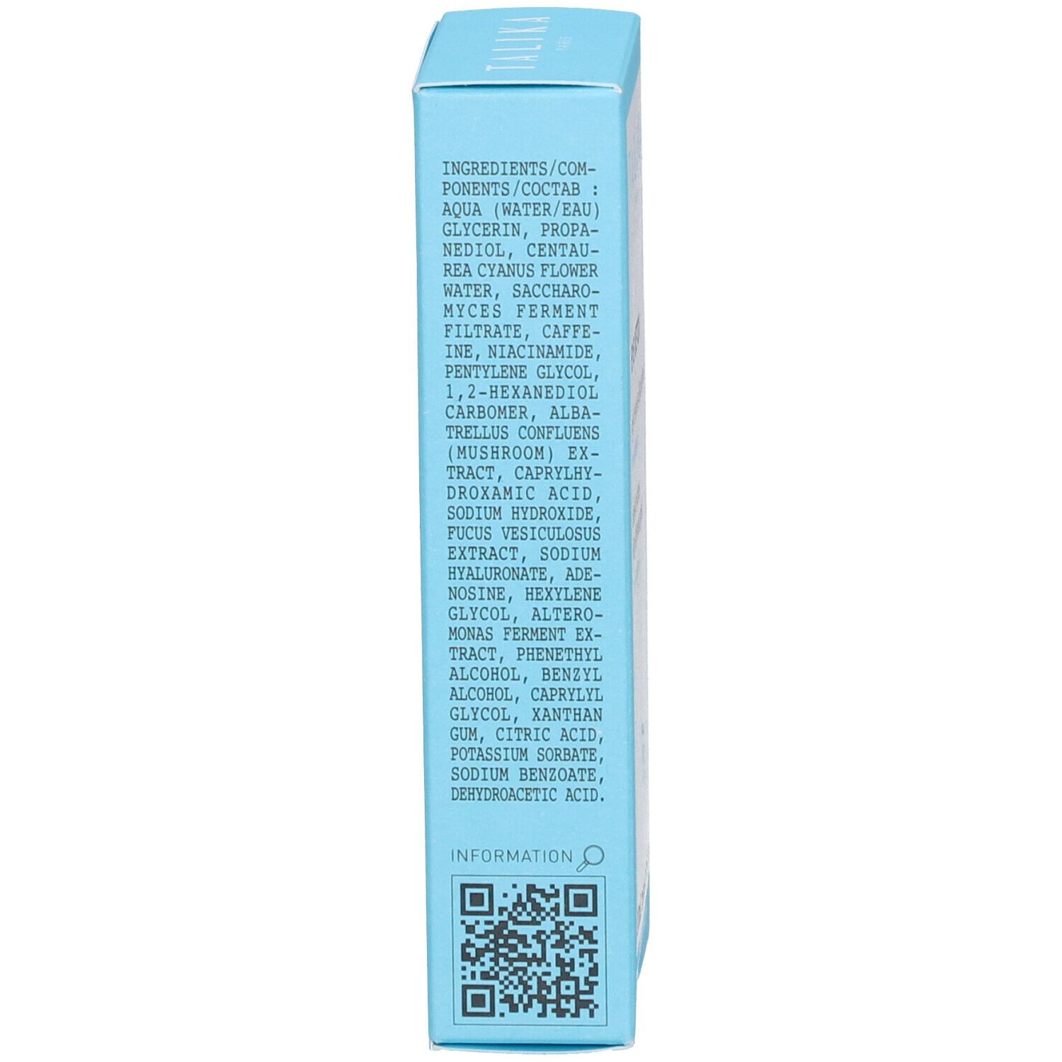 Dos de l'emballage. Contient ingrédients et code QR. Fond bleu clair.