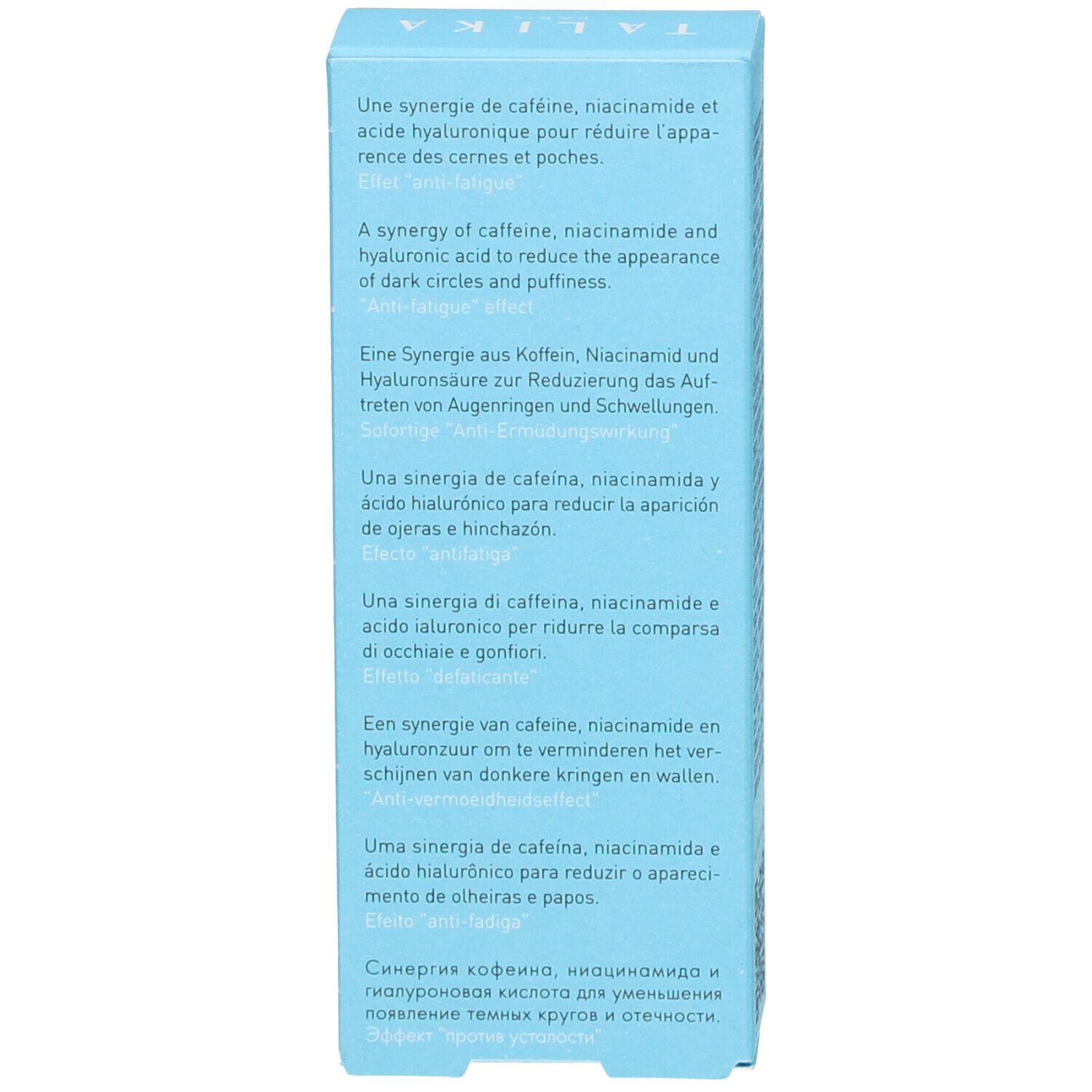 Côté de l'emballage. Description multilingue des effets. Fond bleu clair.