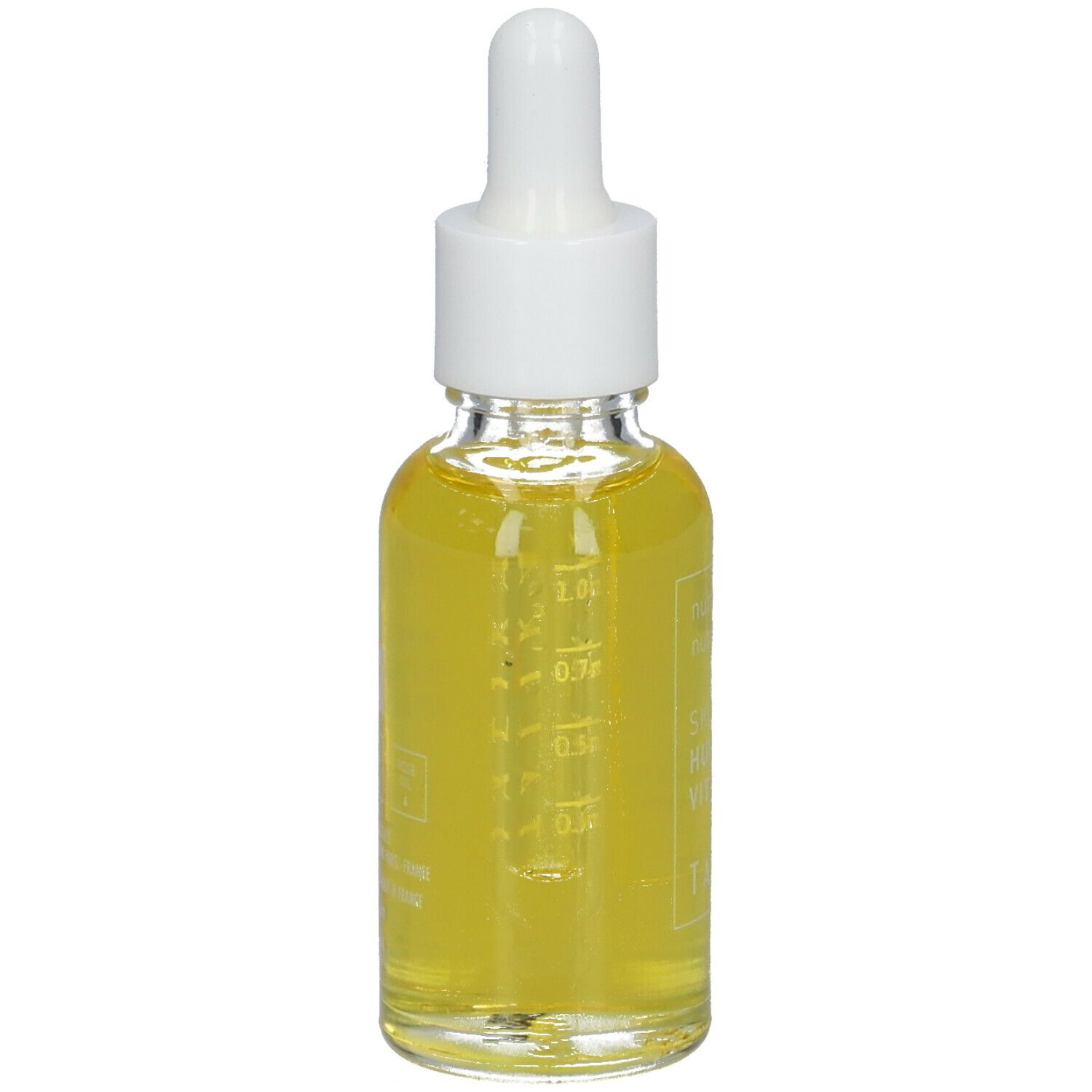 Flacon en verre d'huile jaune avec pipette. Échelle sur le côté. Inscription: Skintelligence Huile Vitale Vital Oil.