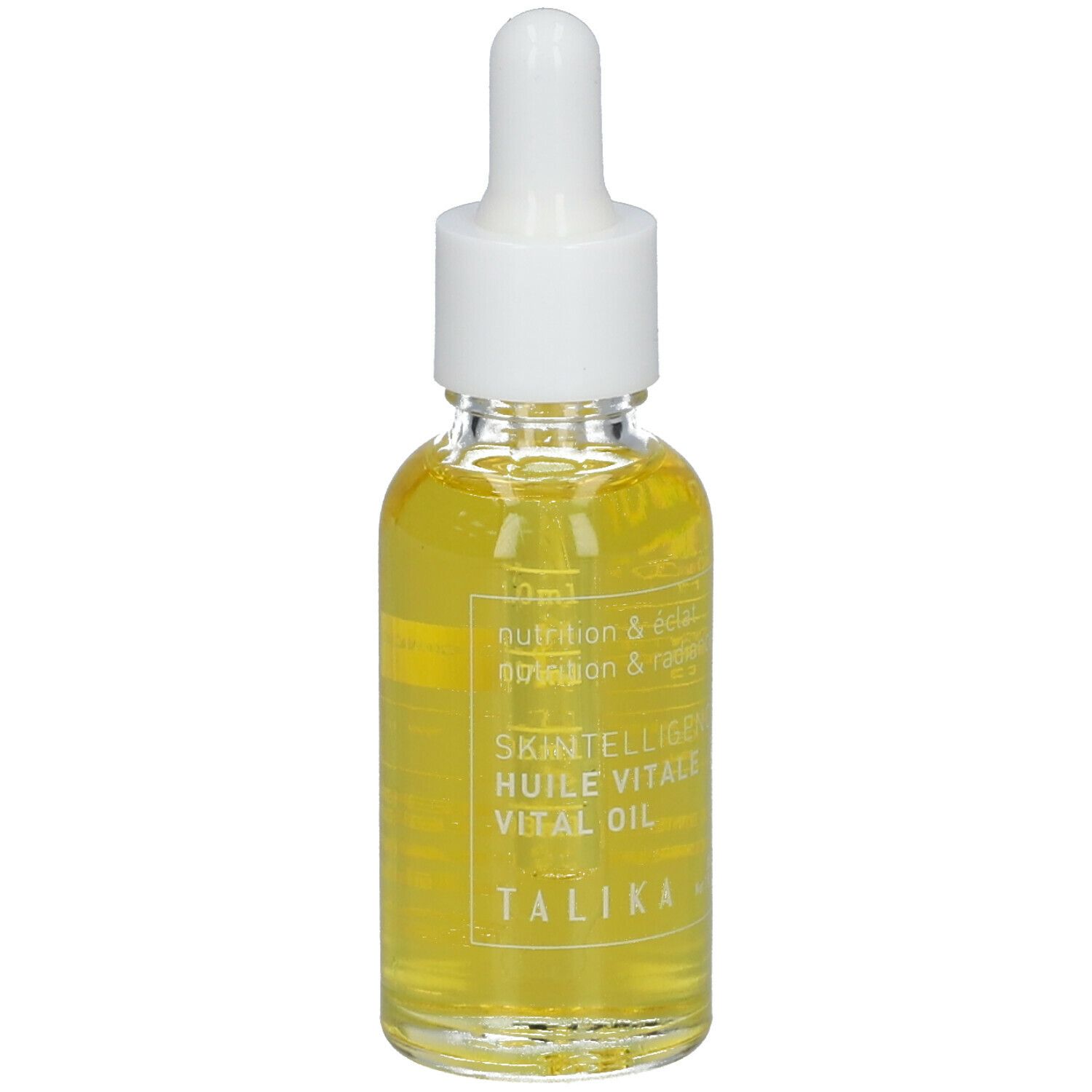 Flacon en verre d'huile jaune avec pipette. Inscription: Skintelligence Huile Vitale Vital Oil. Marque: Talika. 30 ml.
