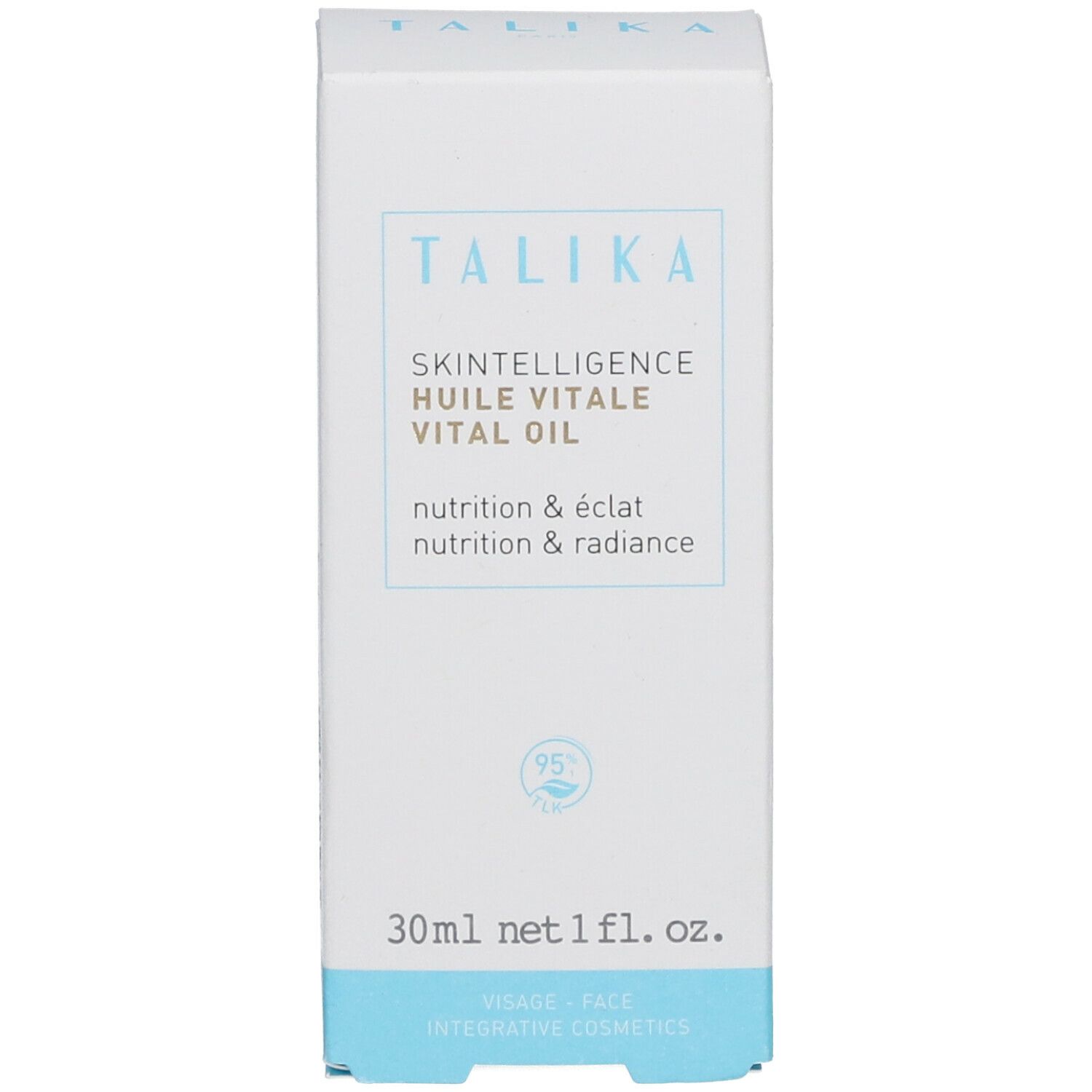 Emballage du produit. Inscription: Skintelligence Huile Vitale Vital Oil. Marque: Talika. 30 ml.