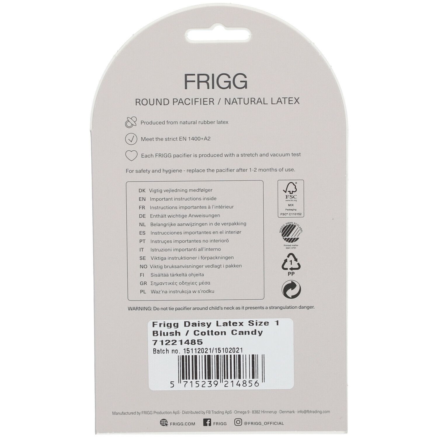 Rückseite der FRIGG Schnuller Candy Verpackung. Textinformationen, darunter Warnhinweise und Chargennummer.