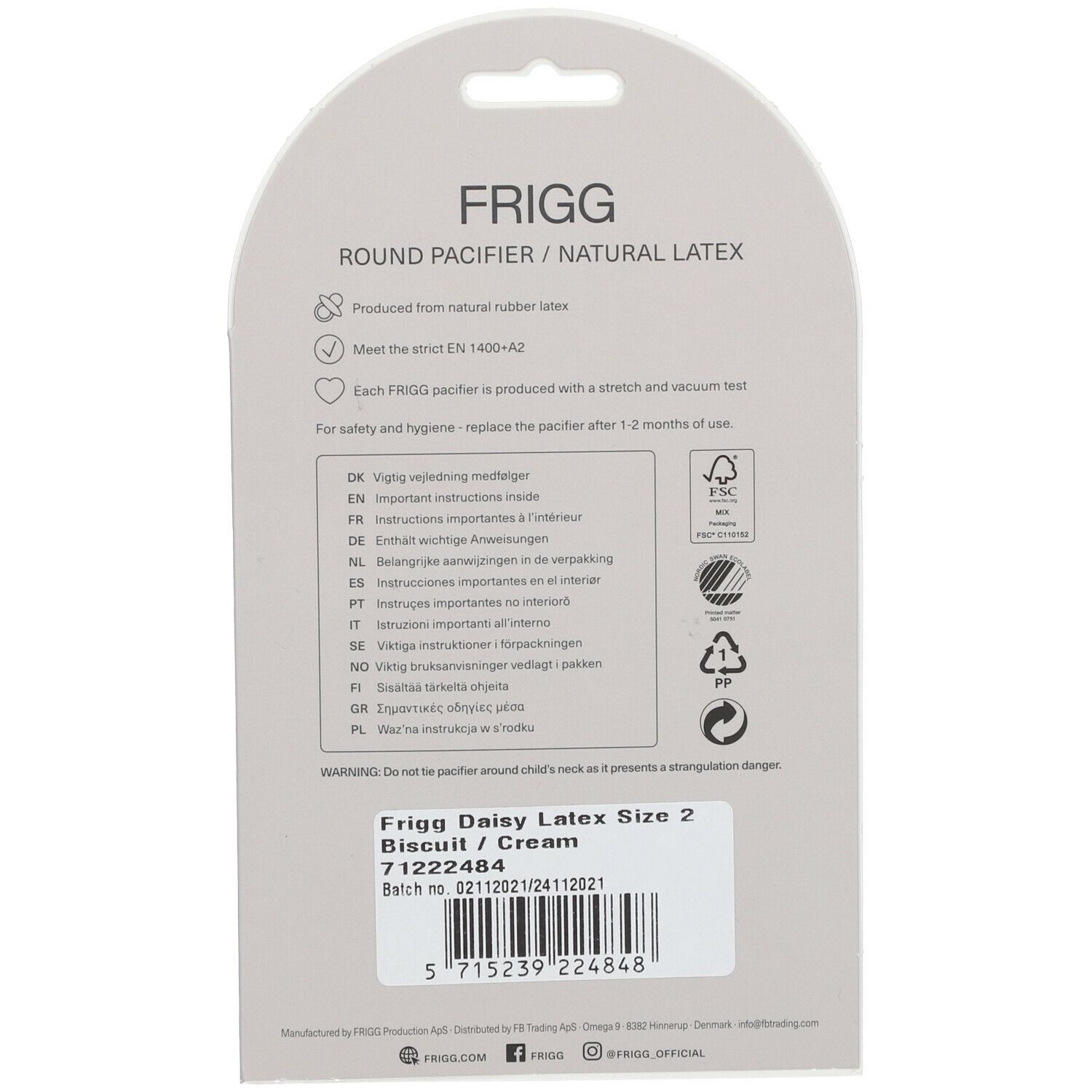 Dos de l'emballage. Marque FRIGG et informations sur le produit. Sucette en latex. Taille 2. Numéro de lot et code-barres.