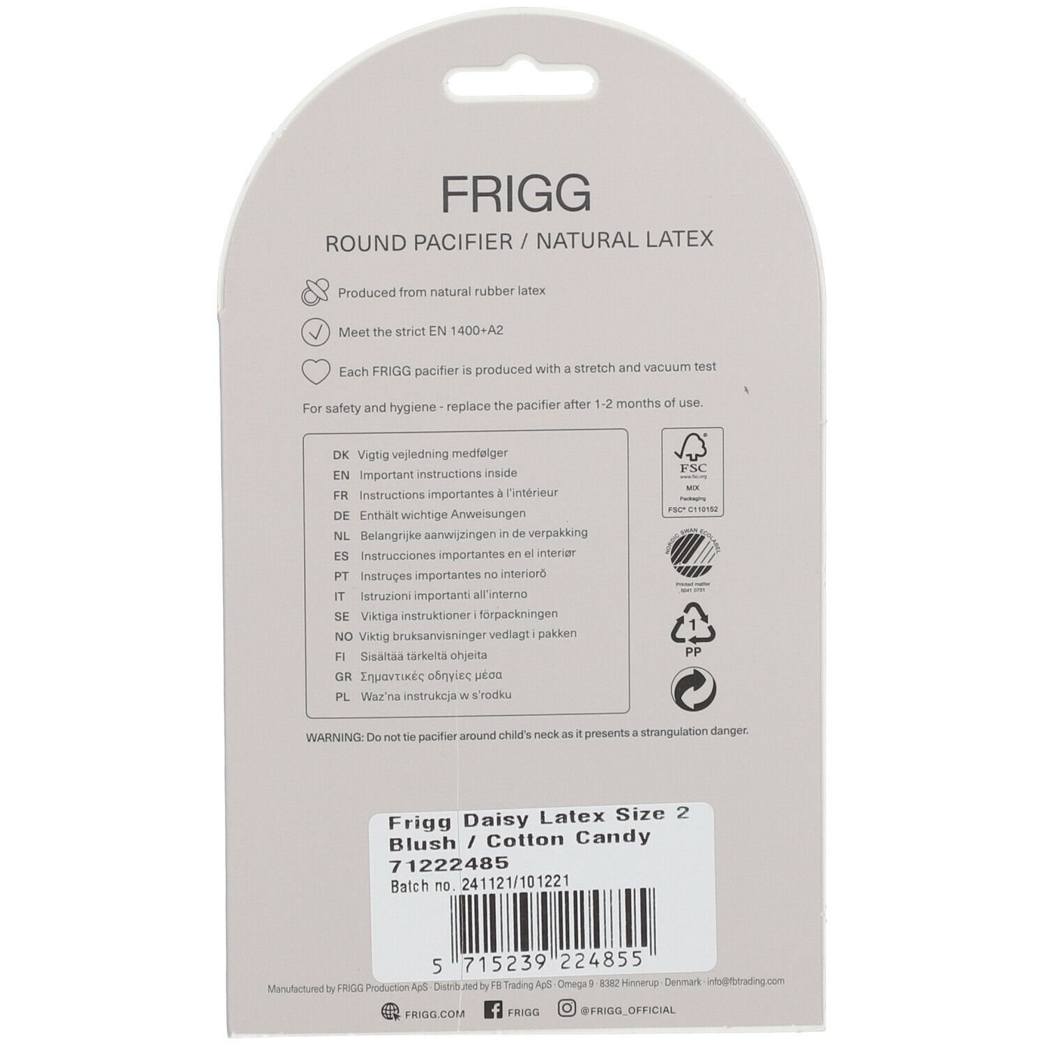 Dos de l'emballage. Texte: FRIGG, ROUND PACIFIER / NATURAL LATEX. Informations sur les matériaux et la sécurité.