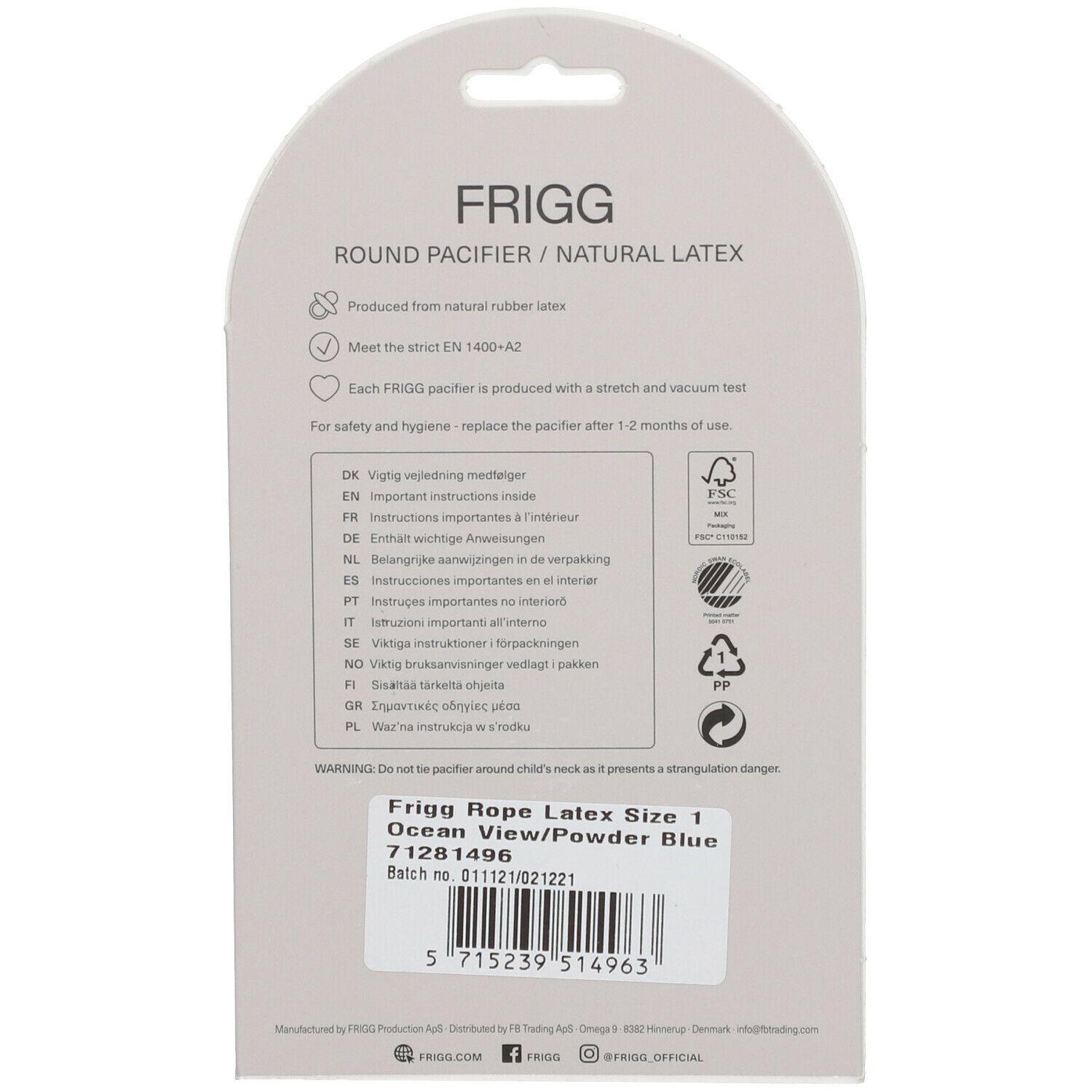 Rückseite der FRIGG Schnuller-Verpackung. Textinformationen, darunter Größe, Material und Chargennummer.