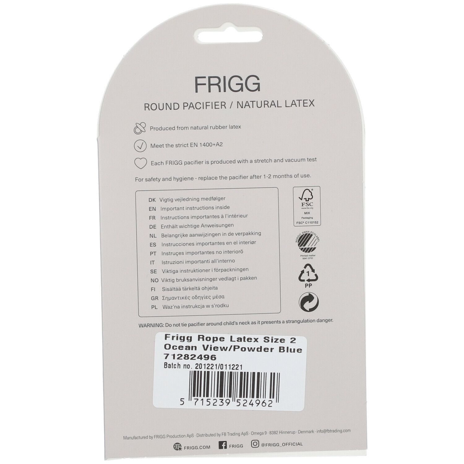 Achterkant van de FRIGG speenverpakking. Tekst met productinformatie en barcode. FSC-logo.