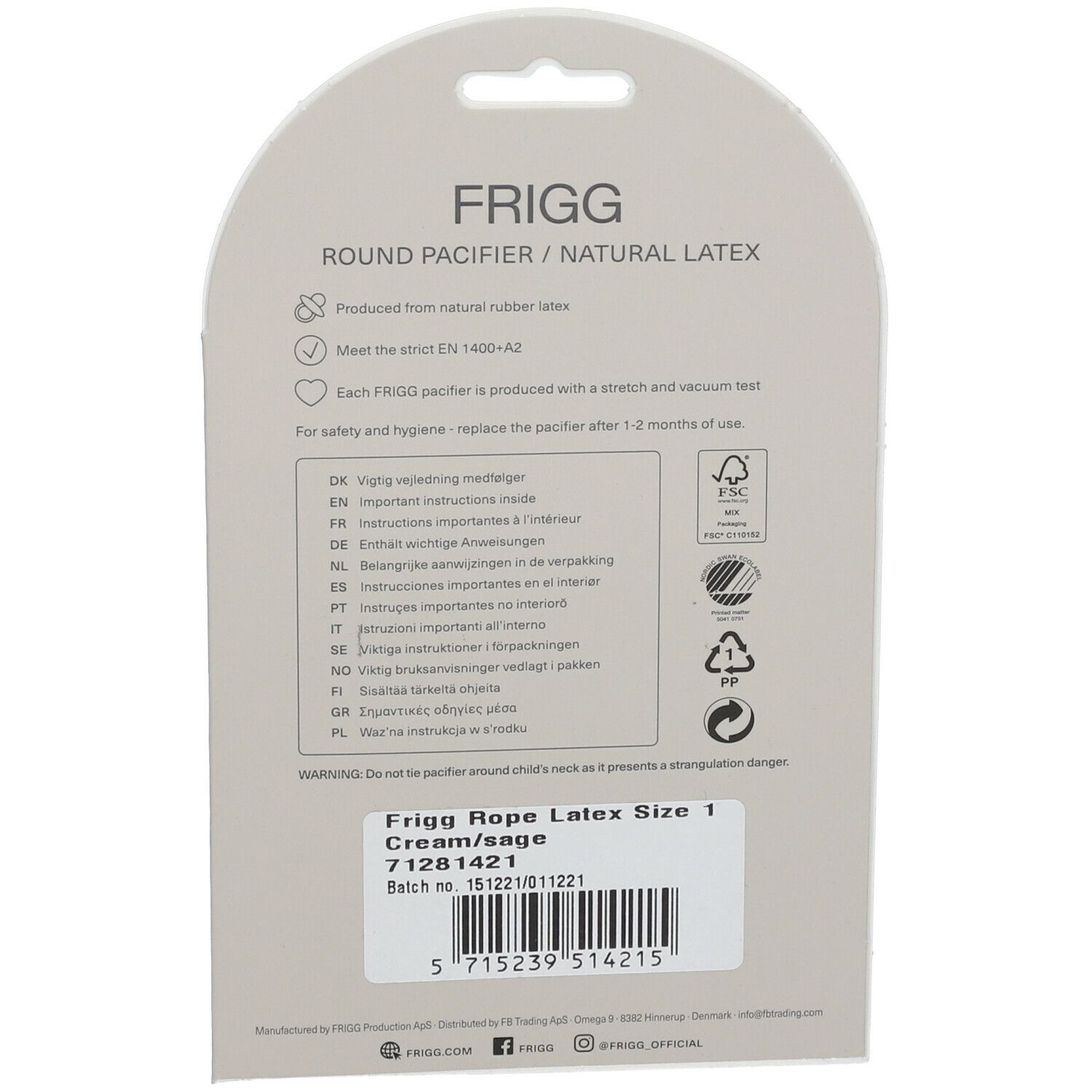 Achterkant van de verpakking. Tekst: FRIGG Rope Latex Size 1 Cream/sage. Informatie over materialen en veiligheid.