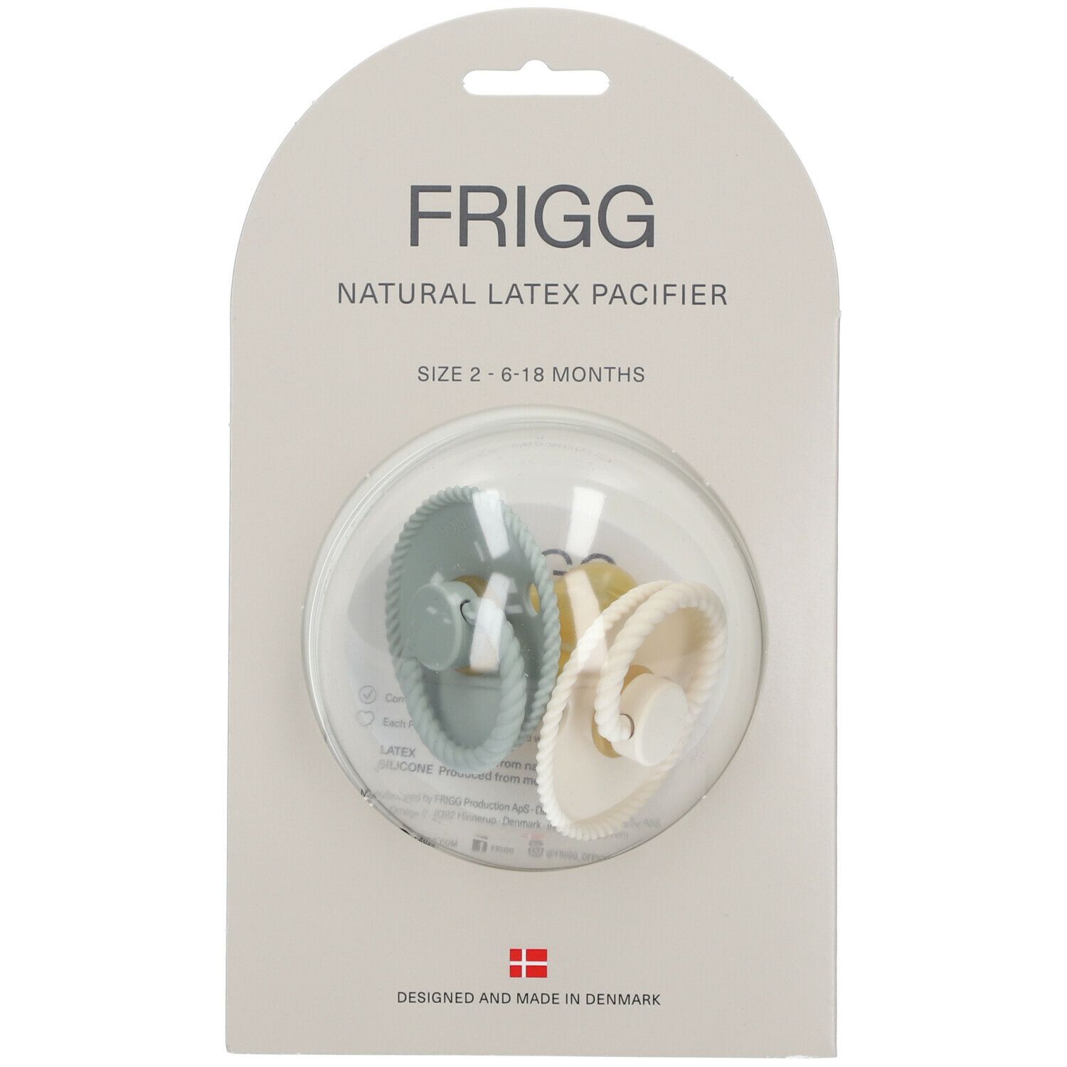 Deux sucettes FRIGG Natural Latex Pacifier dans un emballage. Couleurs: bleu et crème. Taille 2, 6-18 mois.