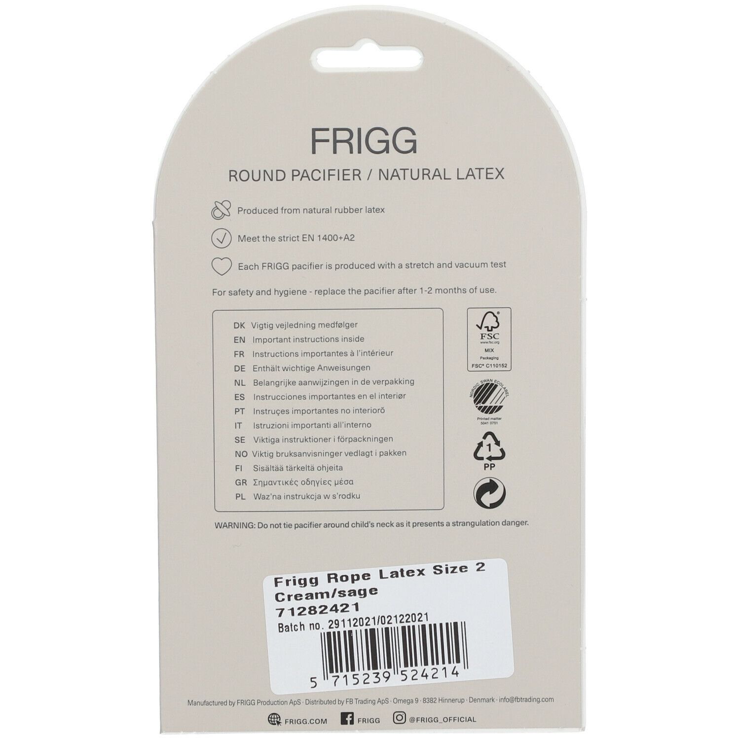 Dos de l'emballage. Texte: FRIGG Rope Latex, taille 2, crème/sauge. Informations d'utilisation et de sécurité.