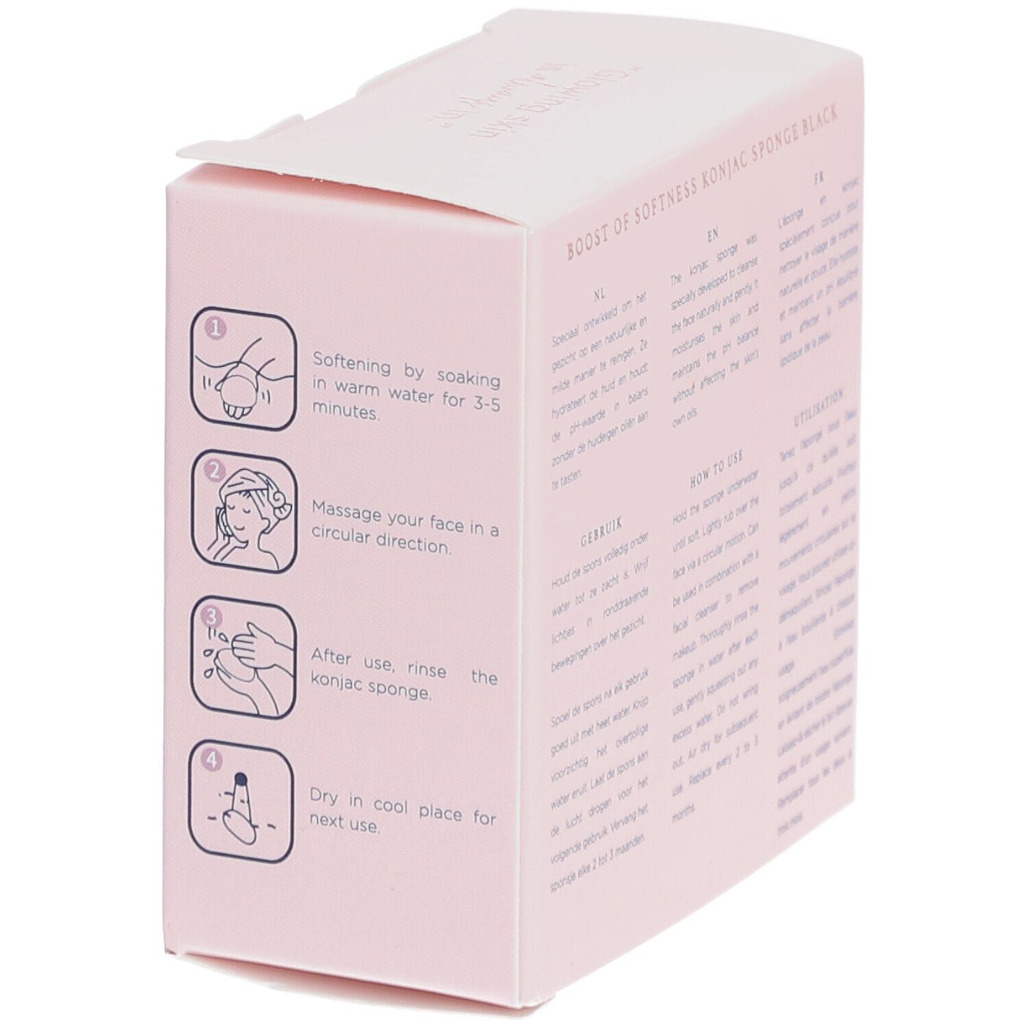 Côté de la boîte rose avec pictogrammes. Instructions d'utilisation du produit. Tremper, masser, rincer, sécher.