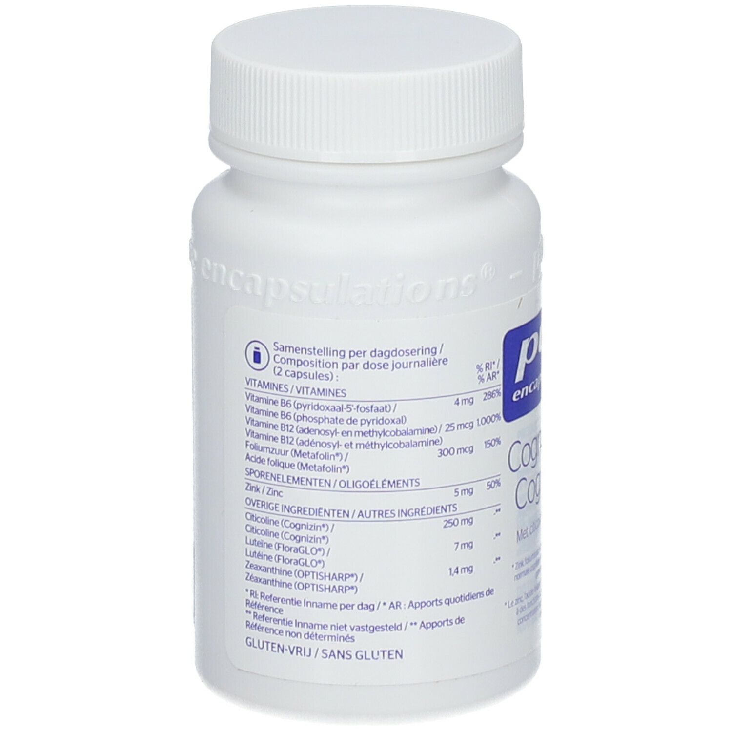 Dos du flacon blanc. Contient des informations sur les vitamines, les minéraux et les ingrédients. Sans gluten.