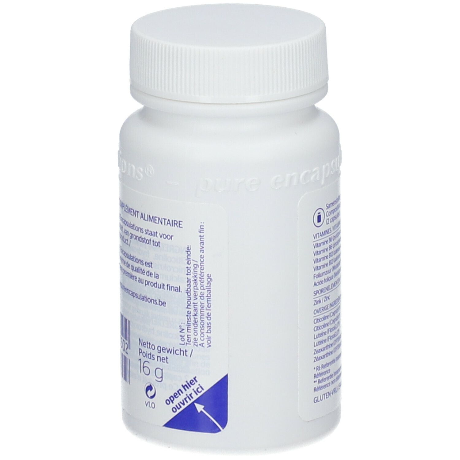 Flacon blanc avec informations sur les ingrédients et poids net de 16 g. Indication d'ouverture.