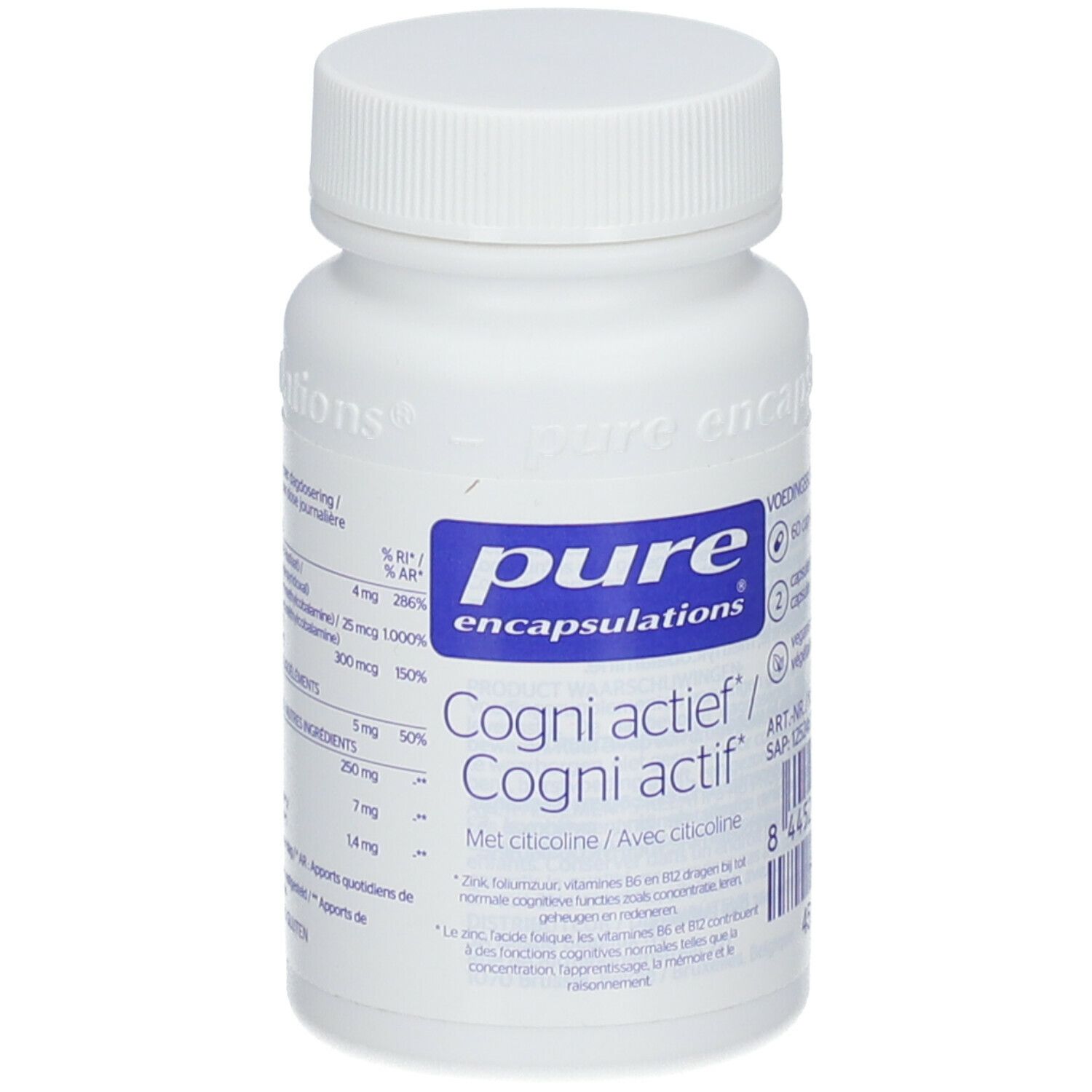 Flacon blanc avec capsules. Inscription : pure encapsulations, Cogni actif. Contient de la citicoline. 60 capsules.