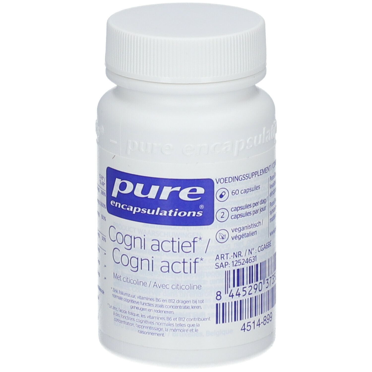 Flacon blanc avec capsules. Inscription : pure encapsulations, Cogni actif. 60 capsules. 2 capsules par jour.