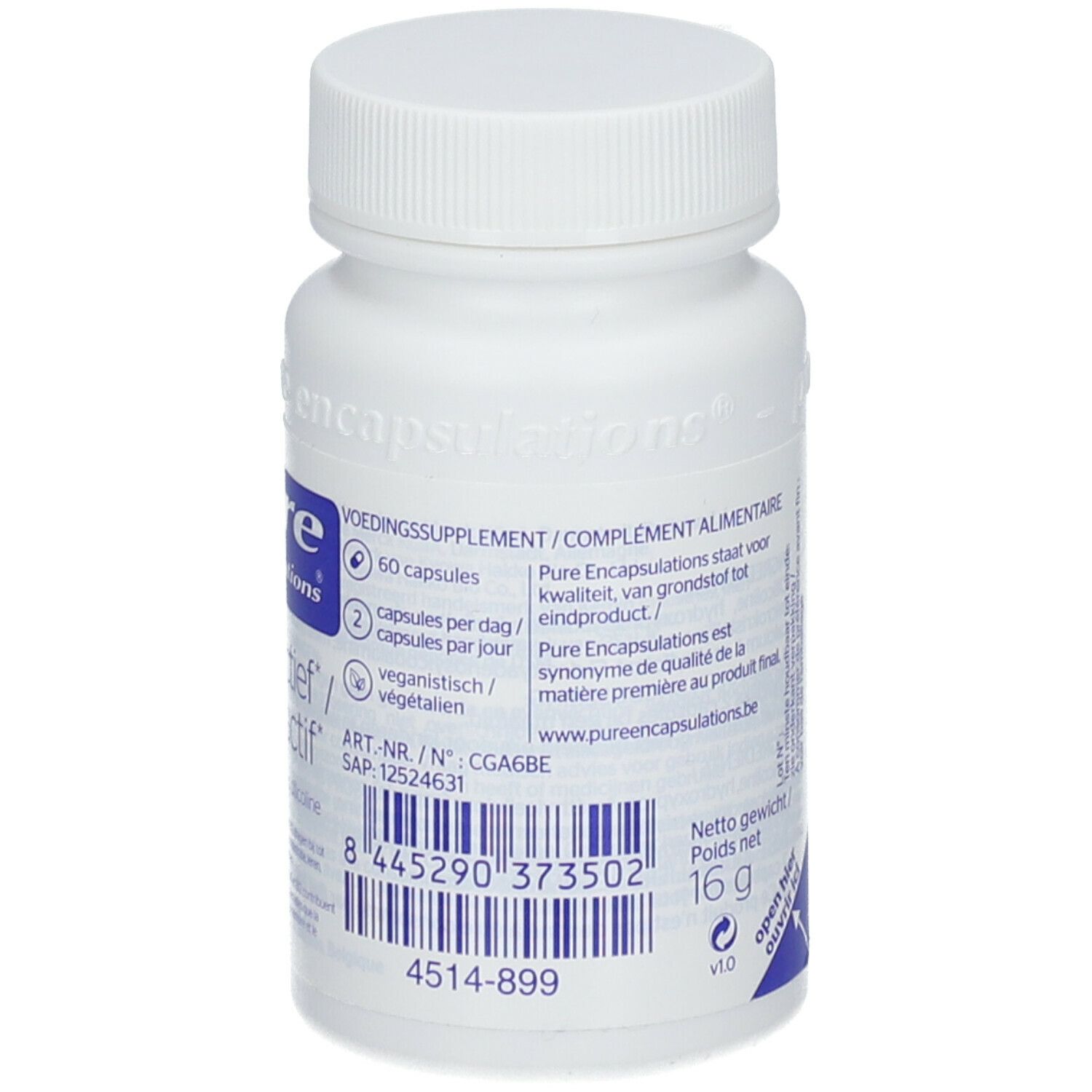 Dos du flacon blanc. 60 capsules. Informations sur les ingrédients et poids net de 16 g.