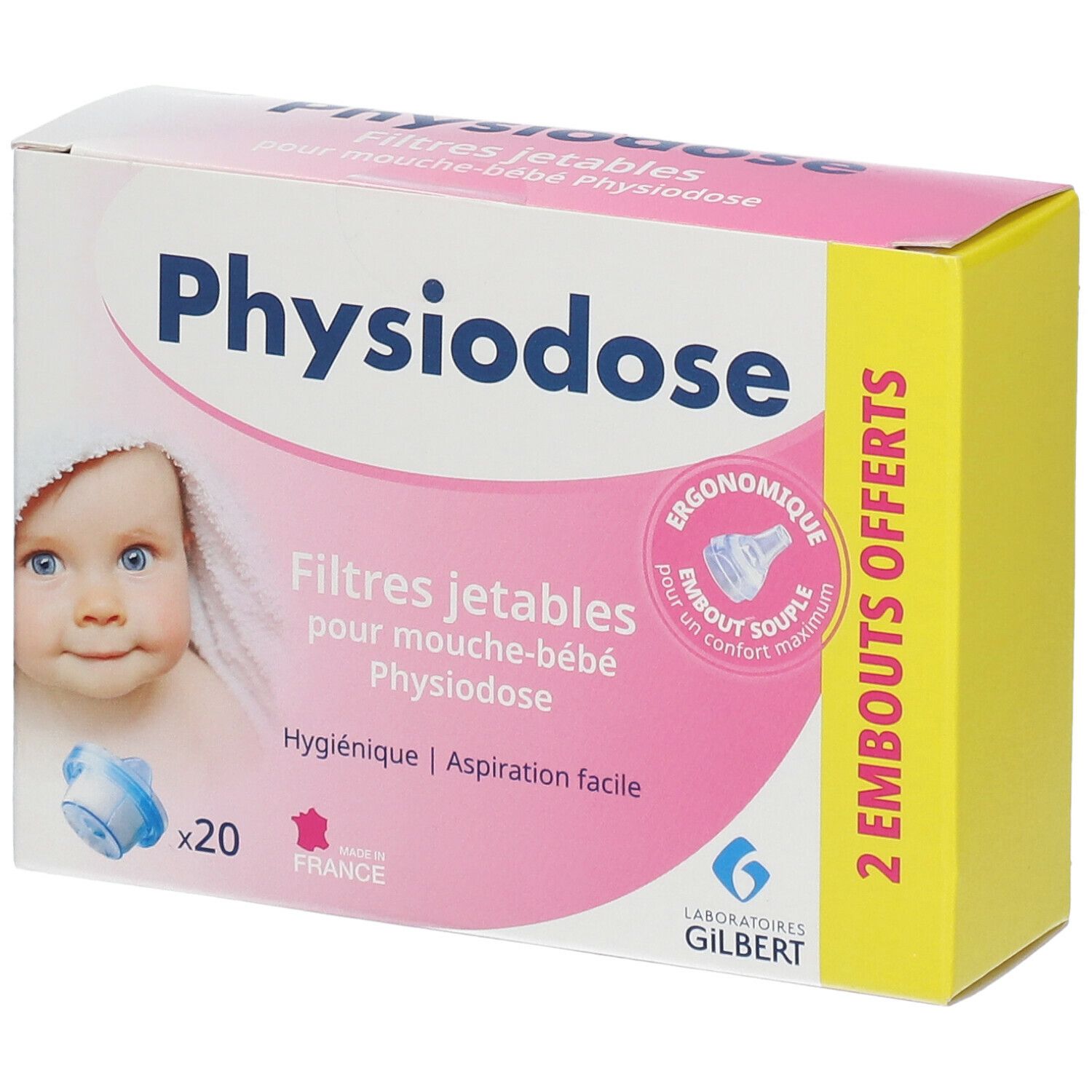 Boîte Physiodose. Contient 20 filtres et 2 embouts. Image d'un bébé. Inscription: Filtres jetables pour mouche-bébé.