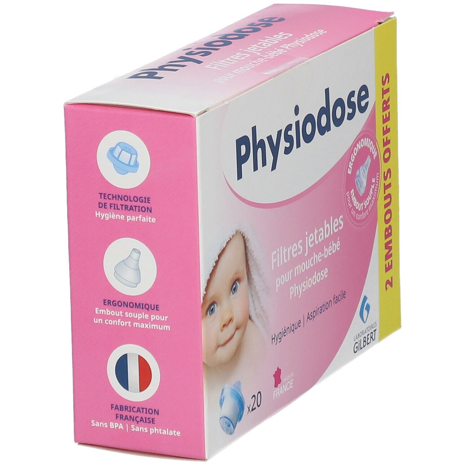 Boîte Physiodose. Rose et blanche, avec nom du produit et bébé. Contient 20 filtres et 2 embouts. Fabriqué en France.