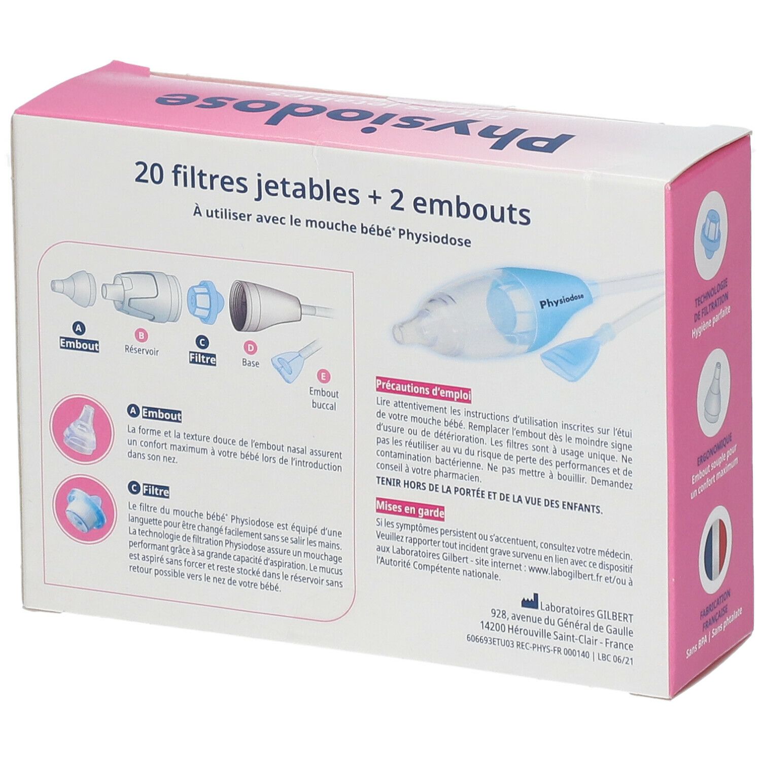Dos de la boîte Physiodose. Illustrations du produit et instructions d'utilisation. Texte en français.