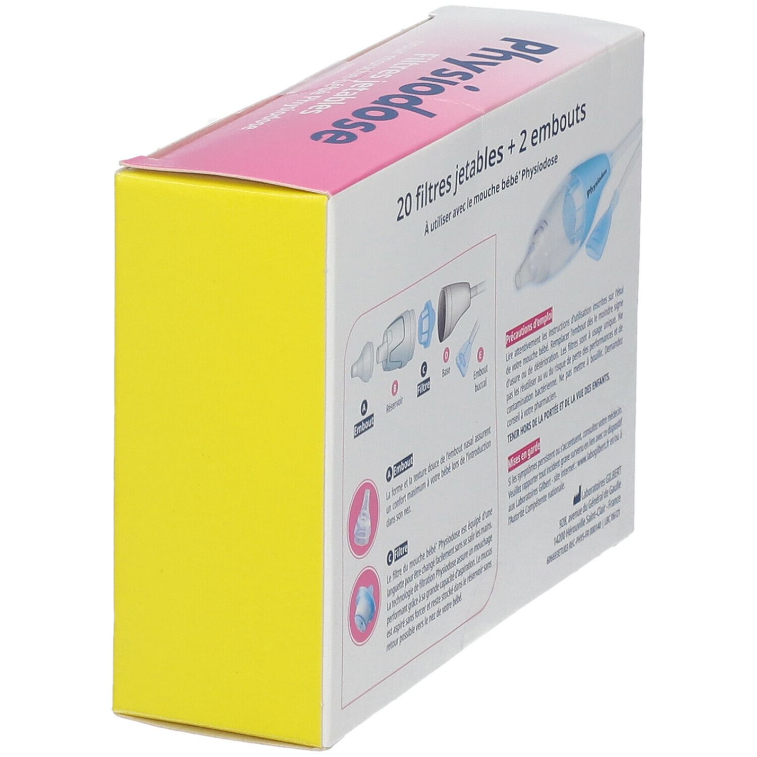 Dos de la boîte Physiodose. Illustrations du produit et instructions d'utilisation. Bande jaune sur le côté.