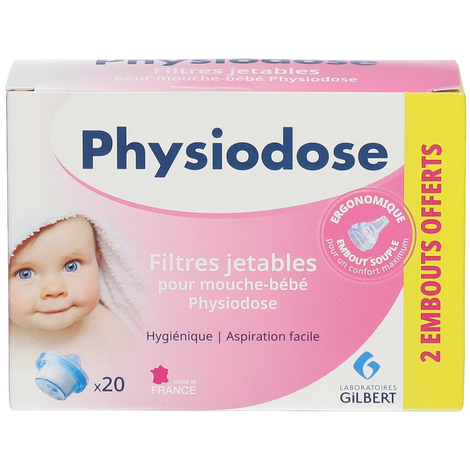 Boîte Physiodose. Rose et blanche, avec nom du produit et bébé. Contient 20 filtres et 2 embouts.