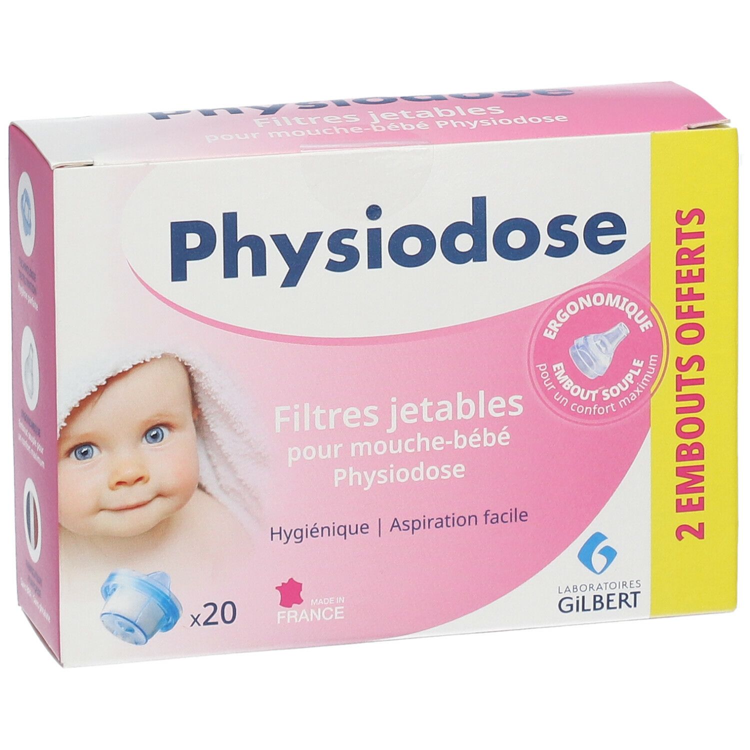 Boîte Physiodose. Rose et blanche, avec nom du produit et bébé. Contient 20 filtres et 2 embouts.