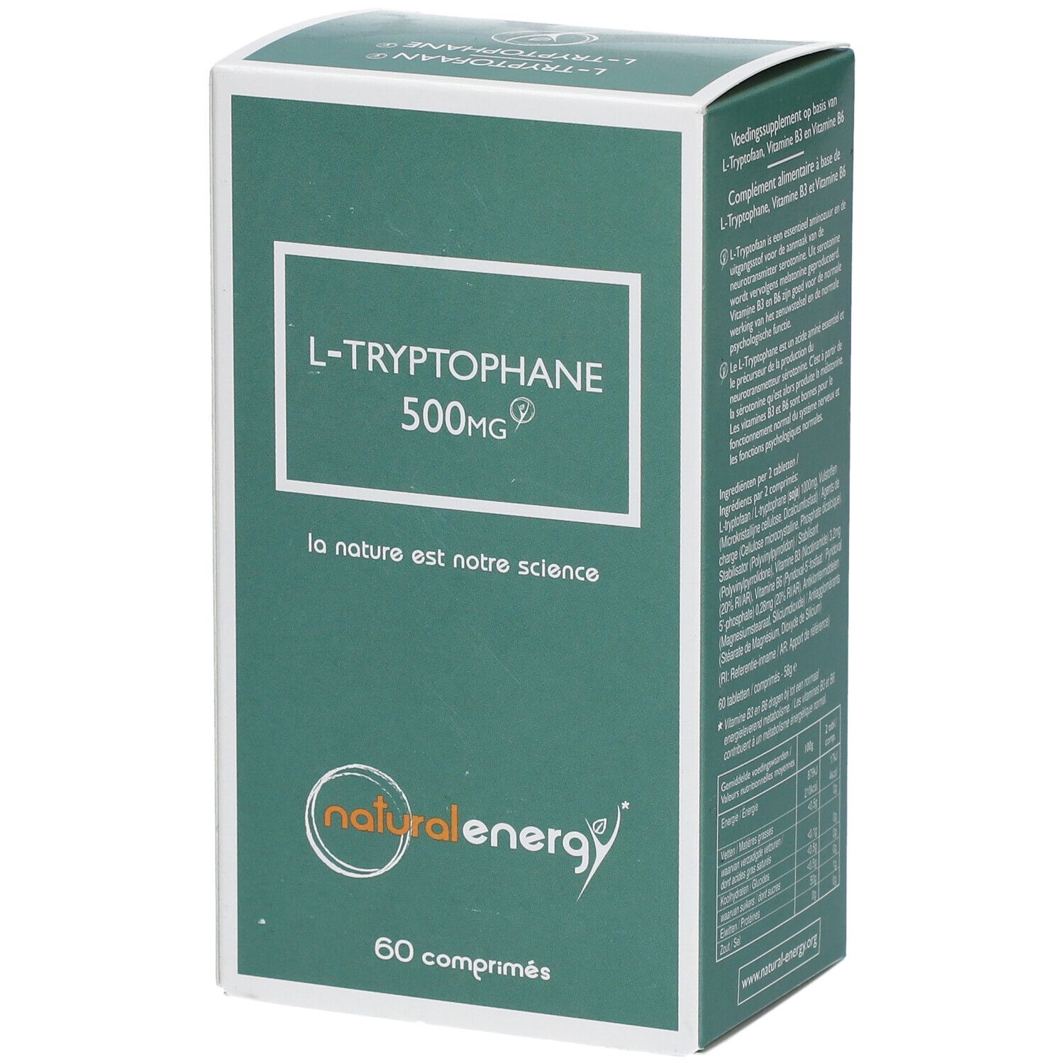 Boîte de L-Tryptophane 500mg. Emballage vert et blanc avec nom du produit et logo.