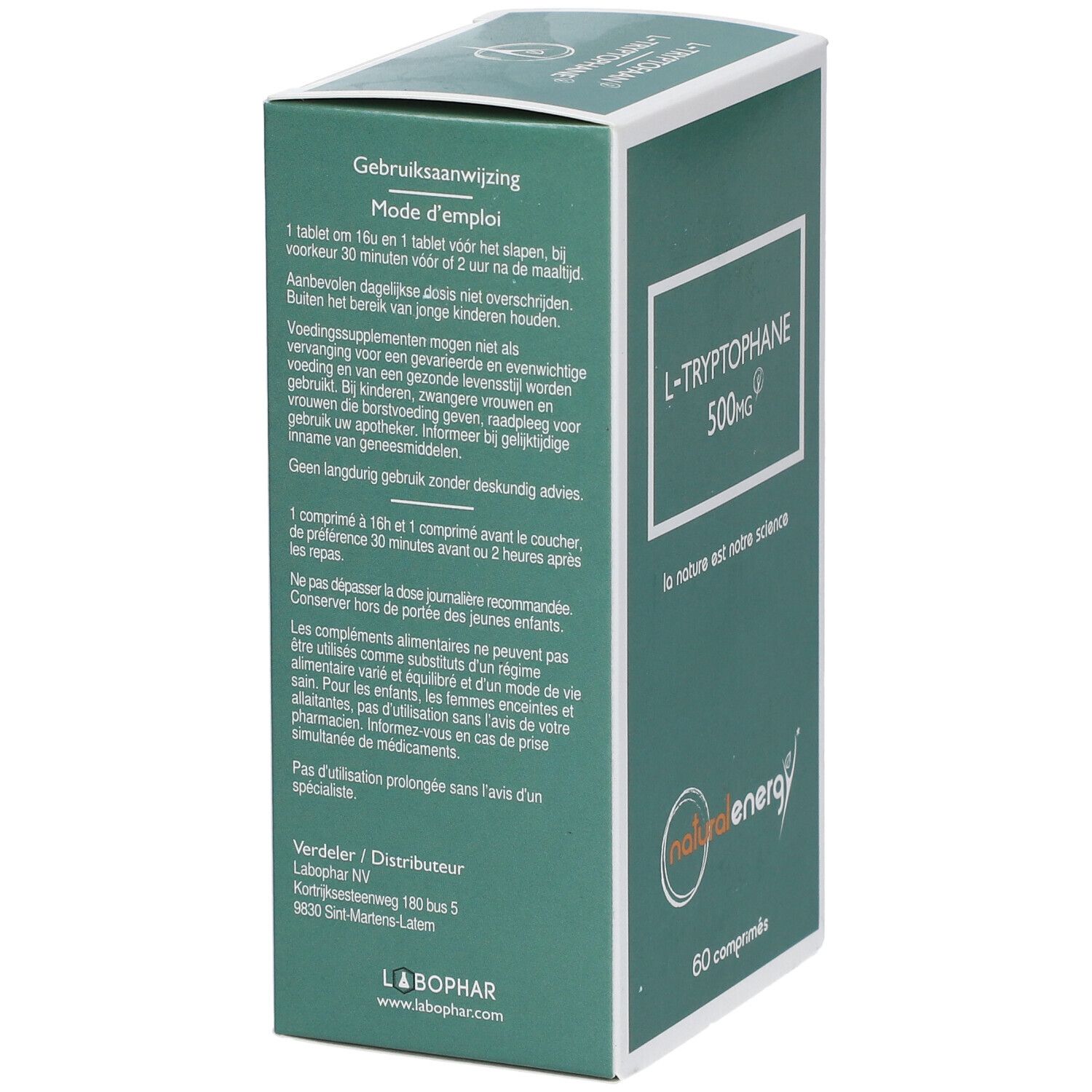 Dos de l'emballage de L-Tryptophane. Contient les instructions d'utilisation et les informations du fabricant.