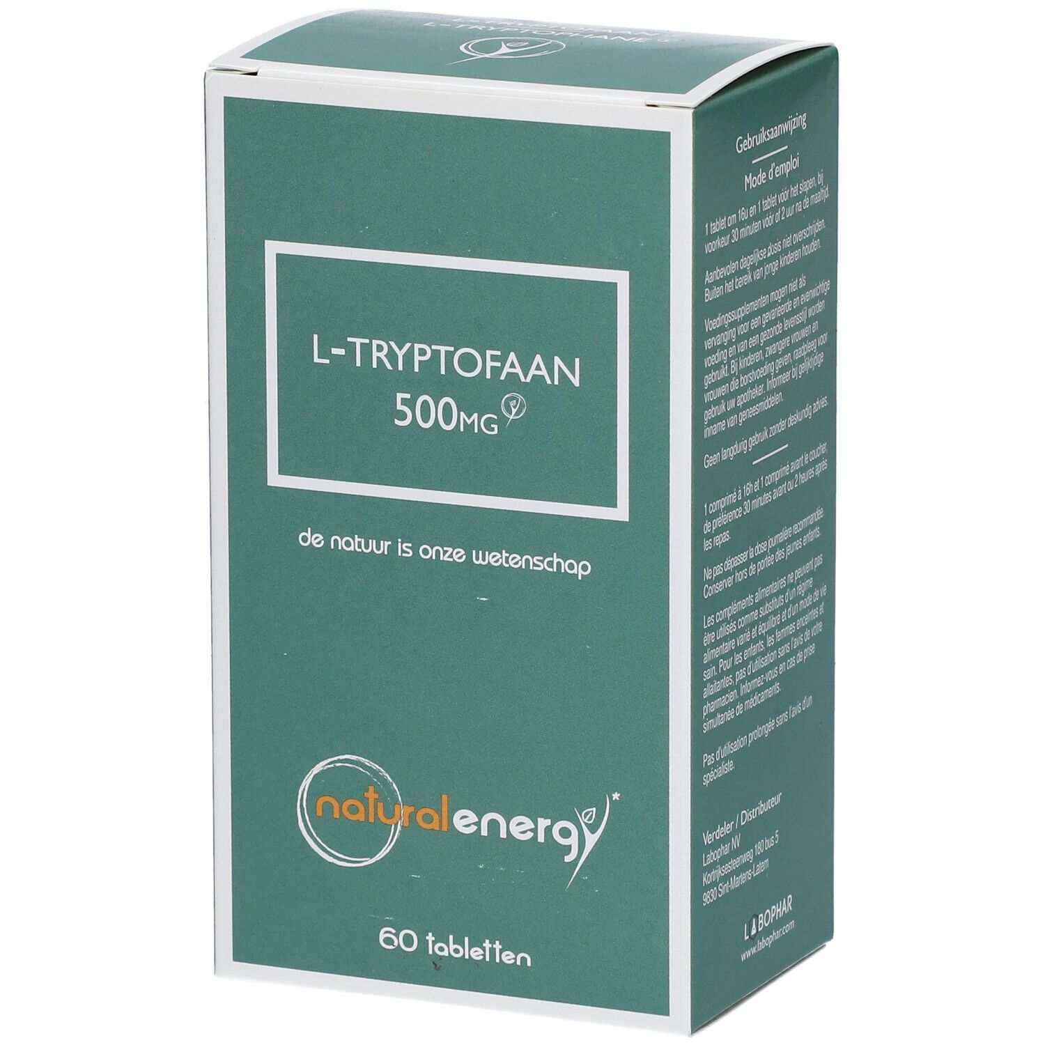 Boîte de L-Tryptofaan 500mg. Emballage vert et blanc avec nom du produit et logo.