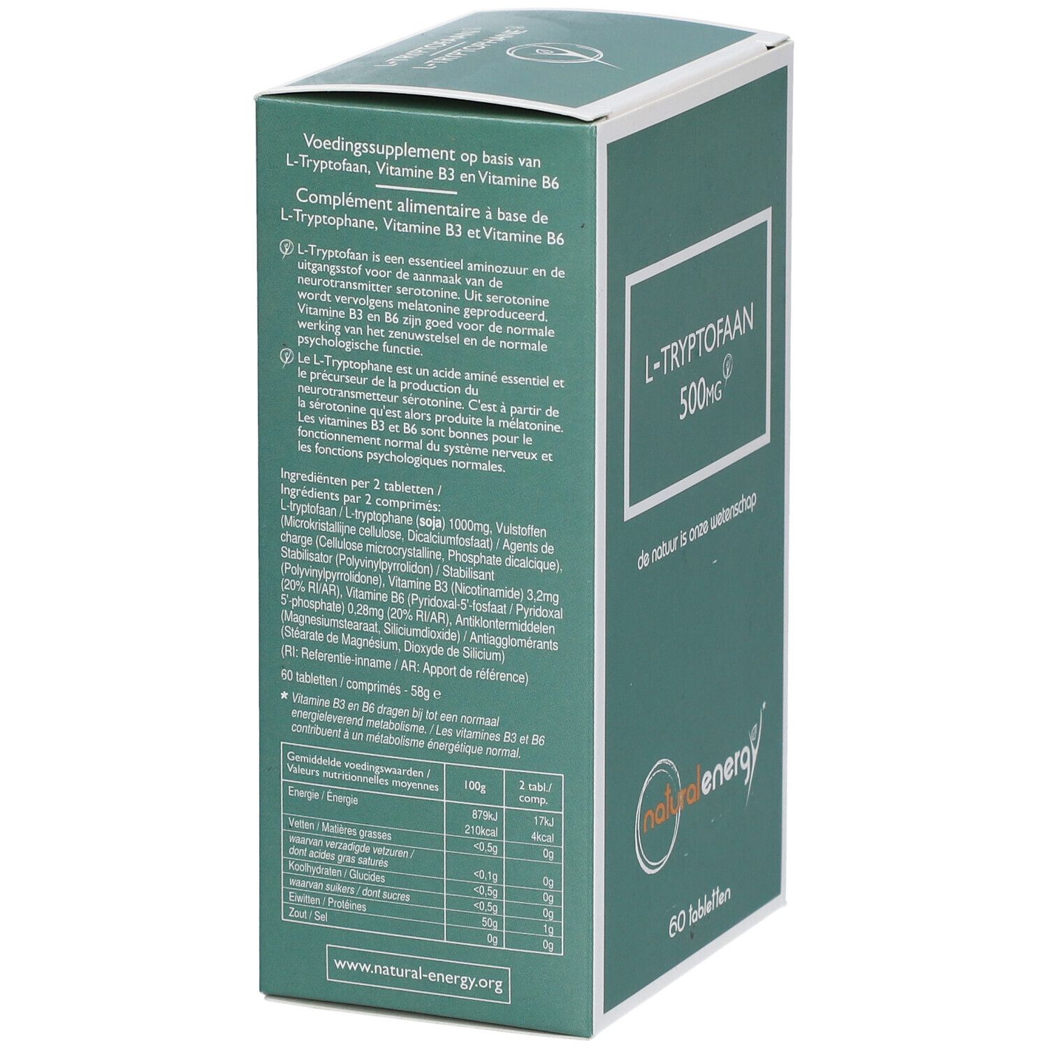 Dos de l'emballage de L-Tryptofaan. Contient ingrédients, informations nutritionnelles et fabricant.
