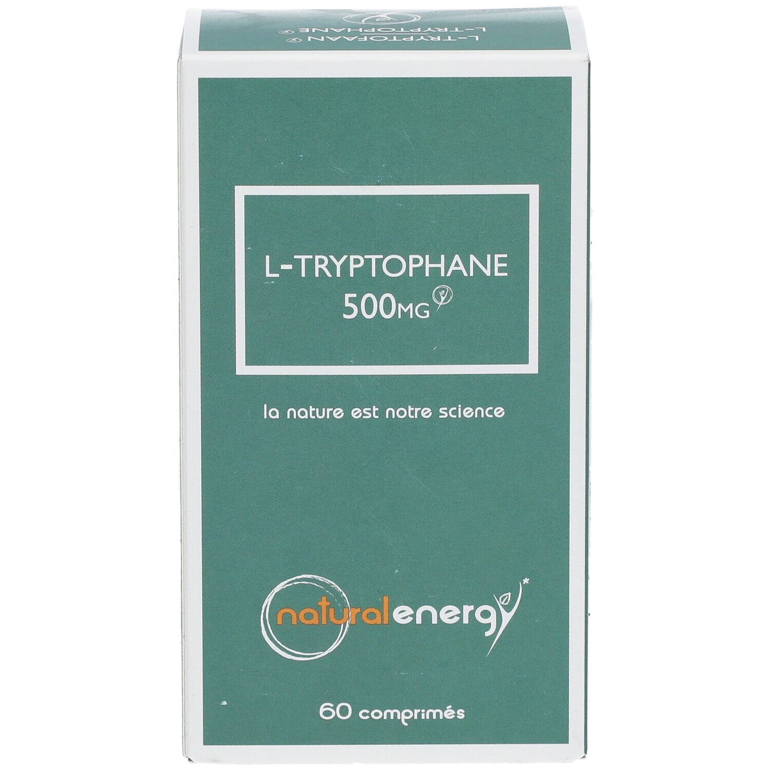 Boîte de L-Tryptophane 500mg. Emballage vert et blanc avec nom du produit et logo.