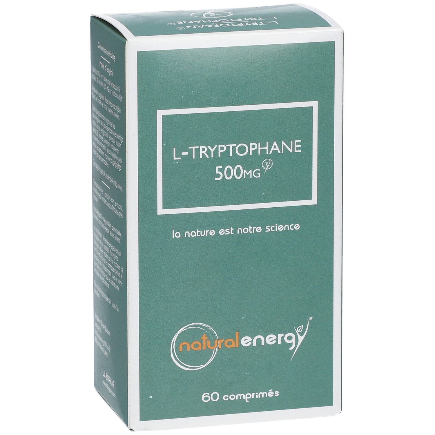 Boîte de L-Tryptophane 500mg. Emballage vert et blanc avec nom du produit et logo.