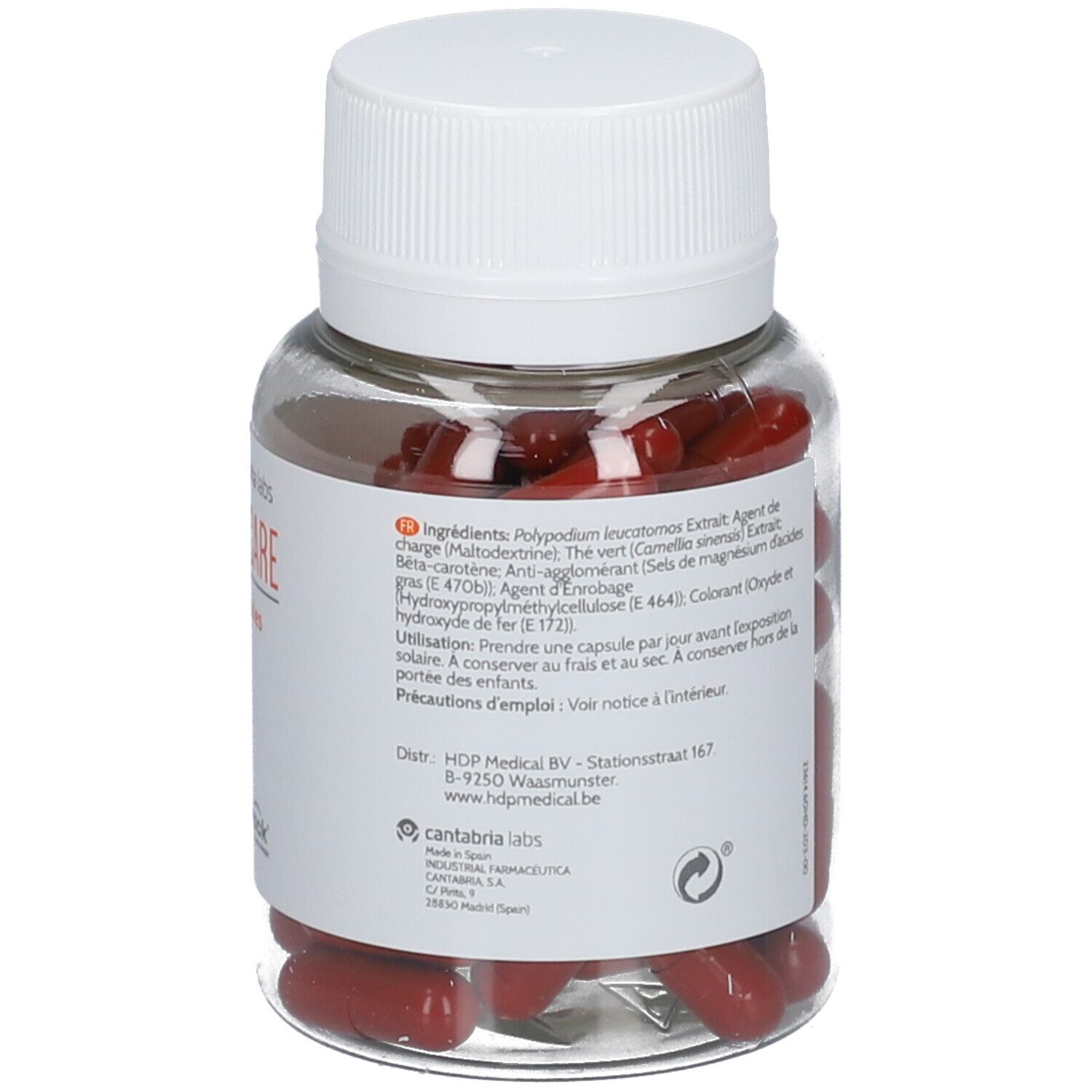 Dos d'un flacon transparent avec bouchon blanc. Capsules rouges. Étiquette avec ingrédients et fabricant.