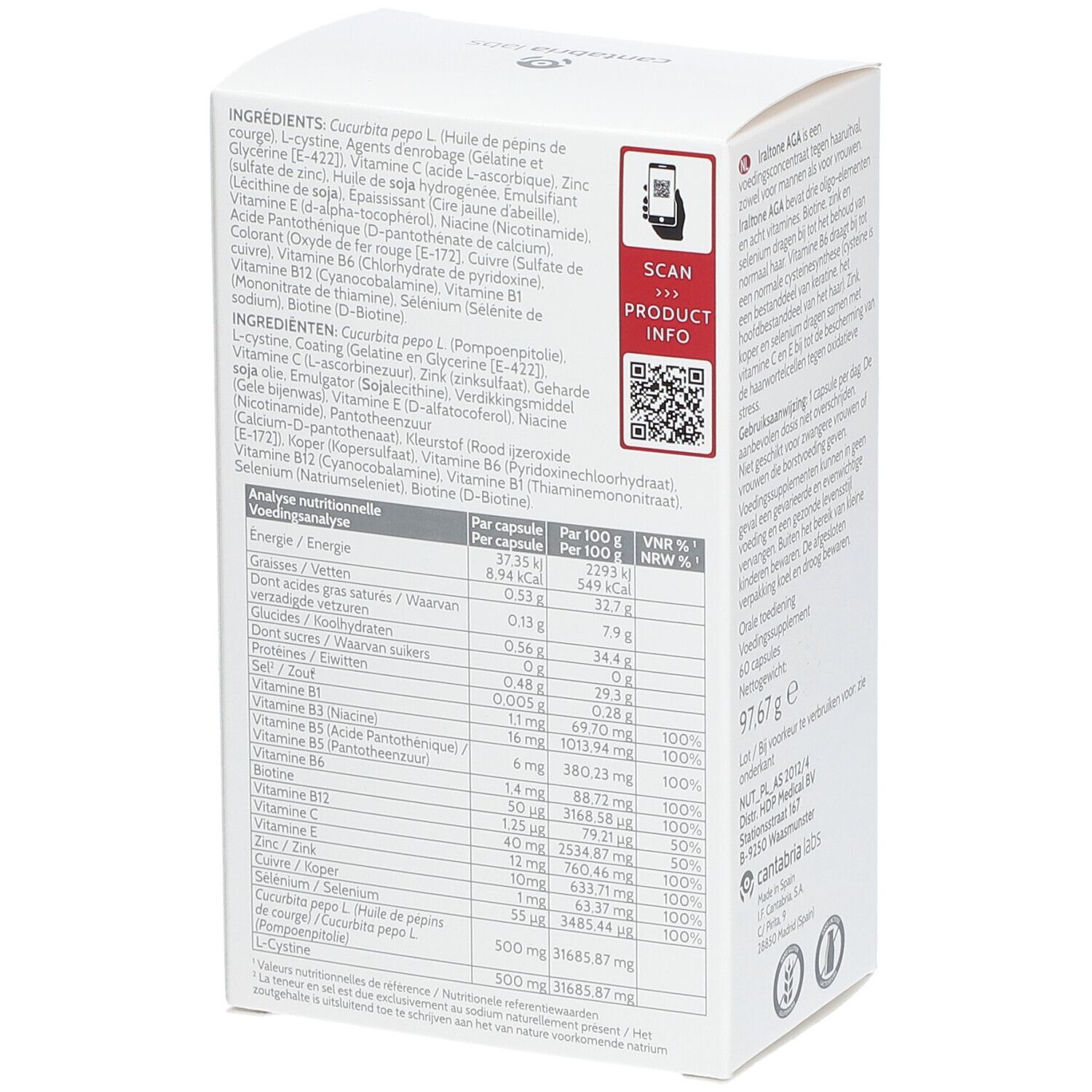 Witte doos met rode bovenkant. Achterkant met ingrediëntenlijst en voedingswaarde. QR-code om te scannen.